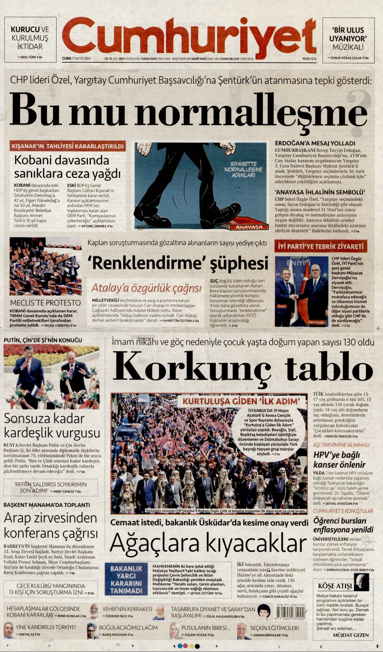 CUMHURİYET gazetesinin 17 Mayıs 2024 tarihli birinci sayfası