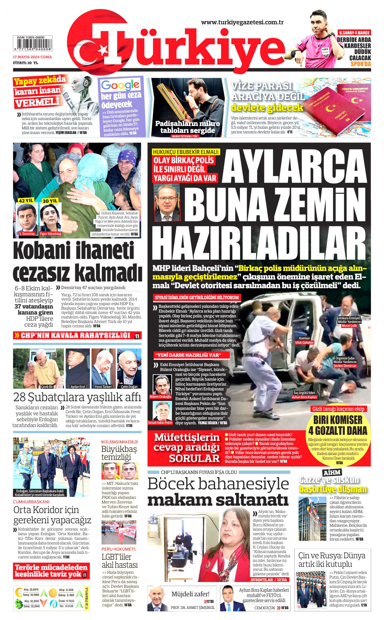 TÜRKİYE GAZETESİ gazetesinin 17 Mayıs 2024 tarihli birinci sayfası