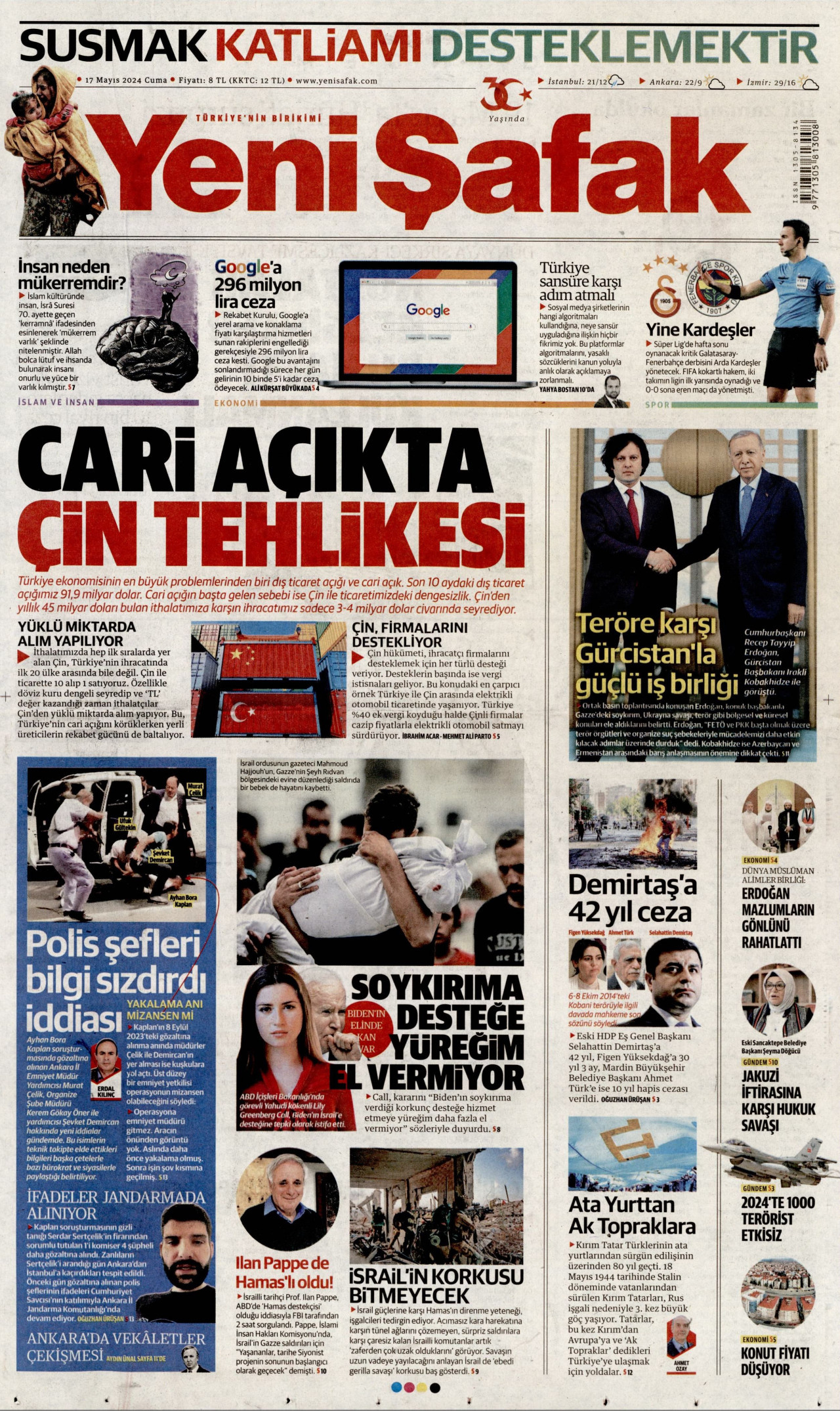 YENİ ŞAFAK gazetesinin 17 Mayıs 2024 tarihli birinci sayfası