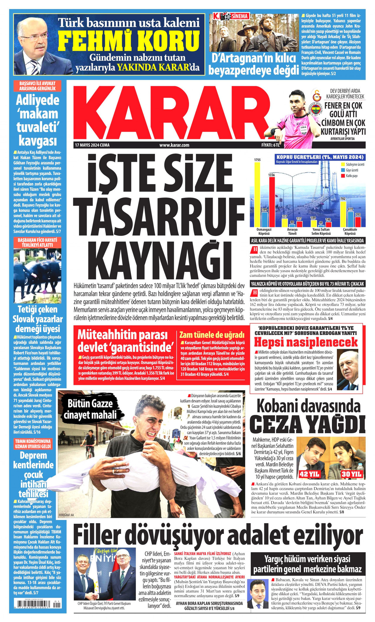 KARAR gazetesinin 17 Mayıs 2024 tarihli birinci sayfası