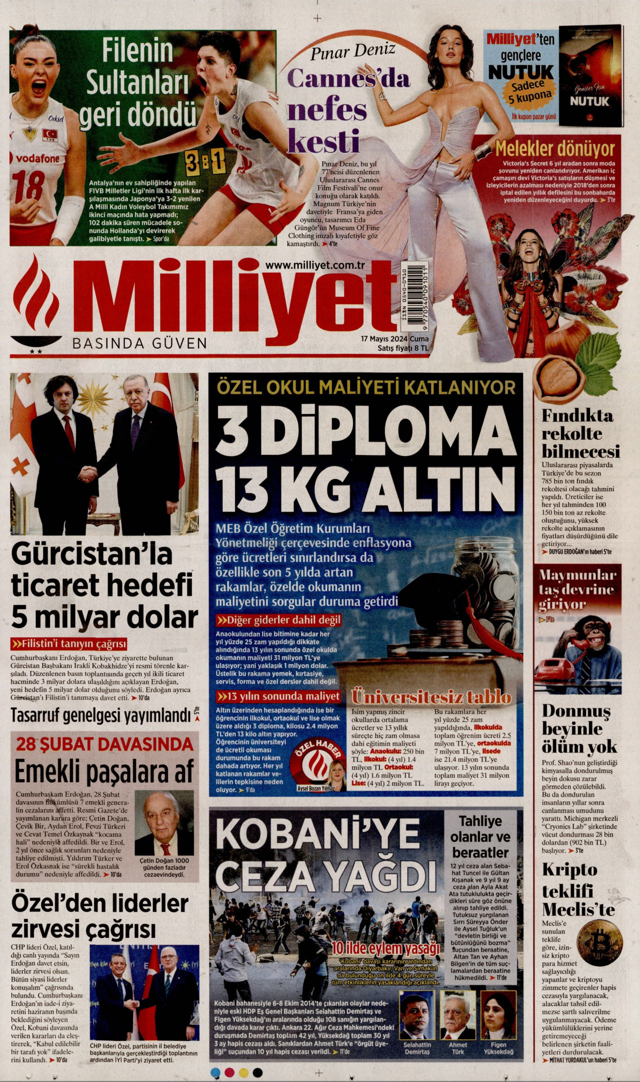 MİLLİYET gazetesinin 17 Mayıs 2024 tarihli birinci sayfası