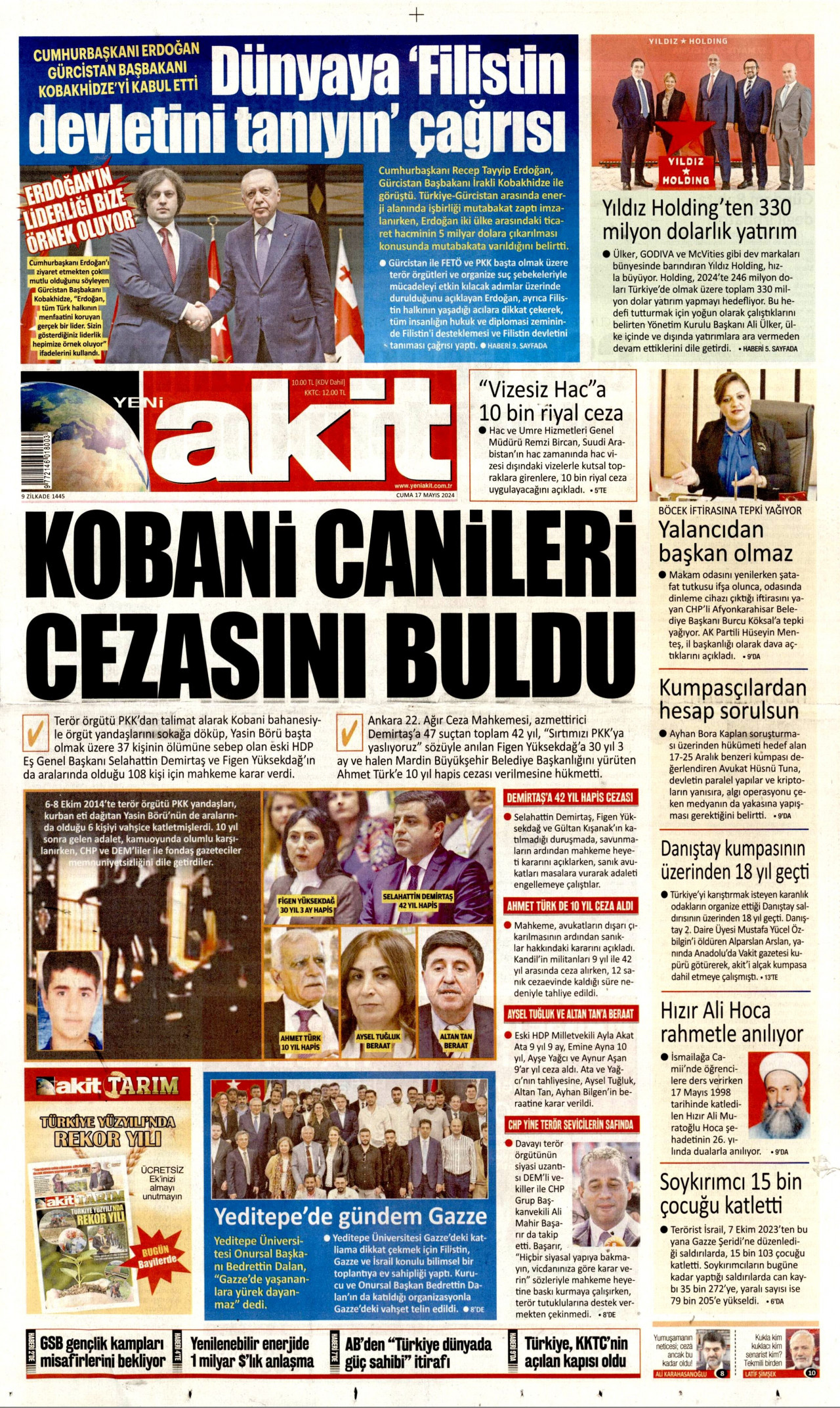 YENİ AKİT gazetesinin 17 Mayıs 2024 tarihli birinci sayfası