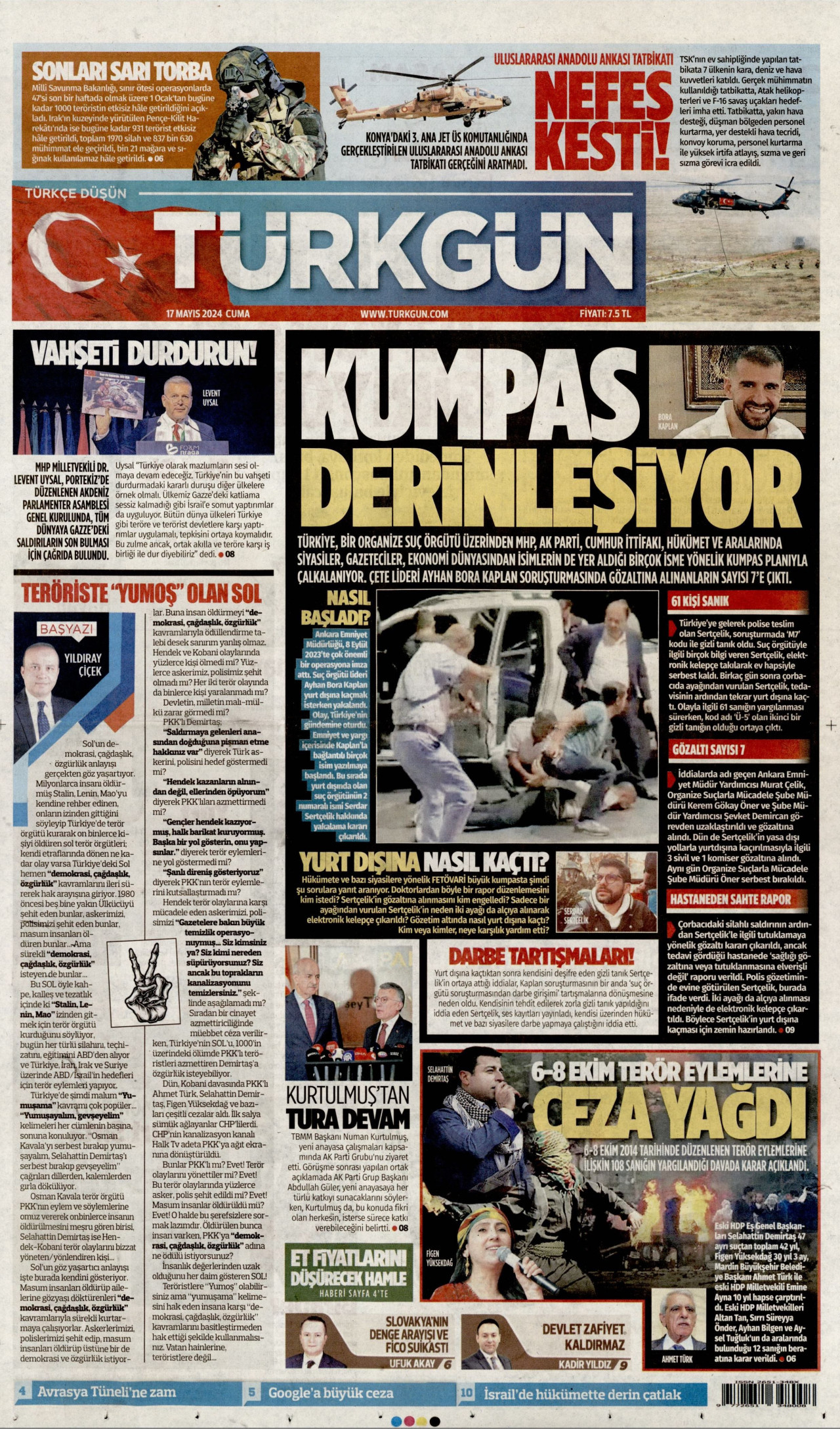 TÜRKGÜN gazetesinin 17 Mayıs 2024 tarihli birinci sayfası