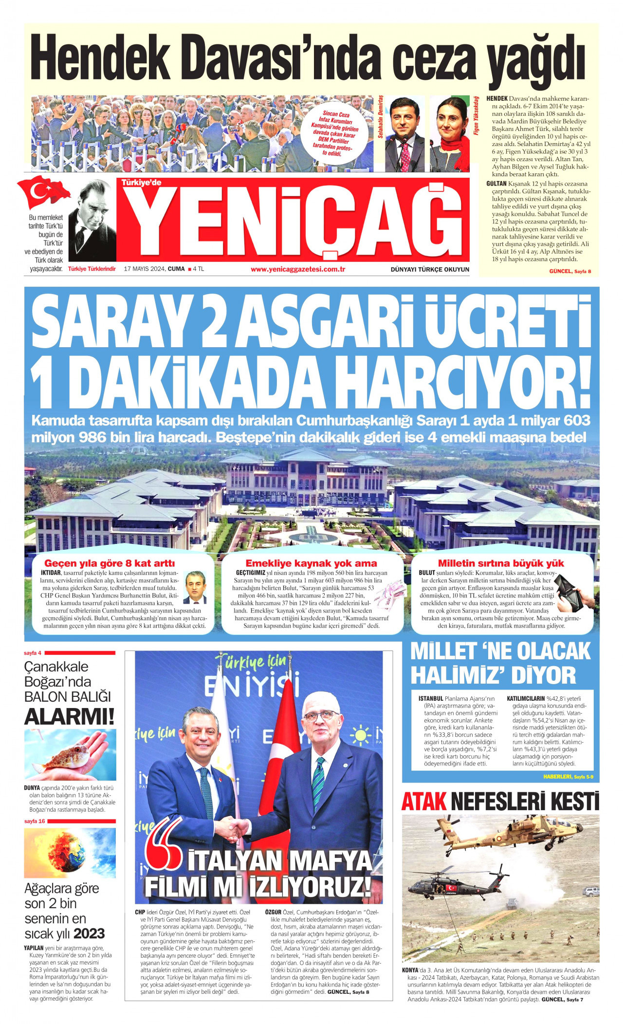 YENİÇAĞ gazetesinin 17 Mayıs 2024 tarihli birinci sayfası