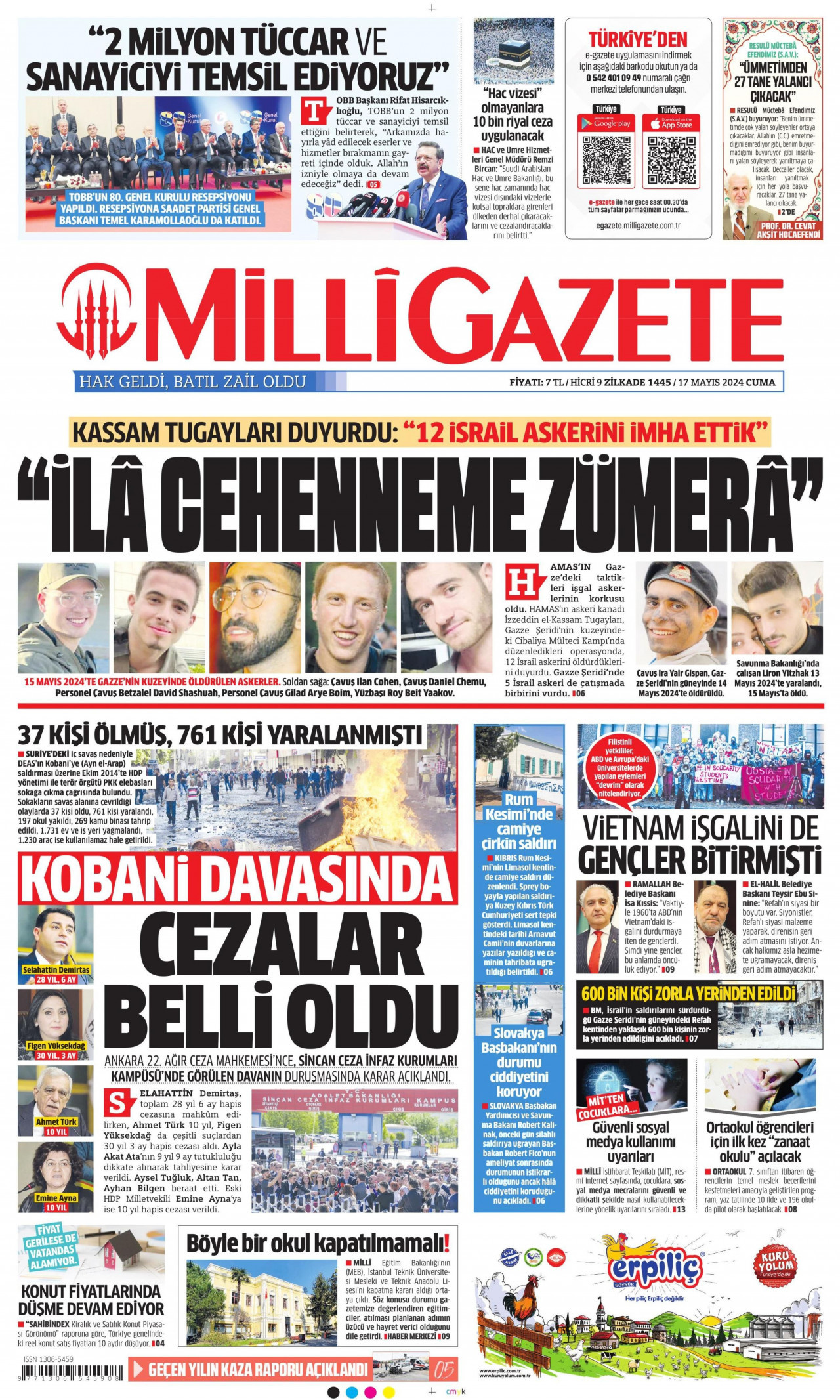 MİLLİ GAZETE gazetesinin 17 Mayıs 2024 tarihli birinci sayfası