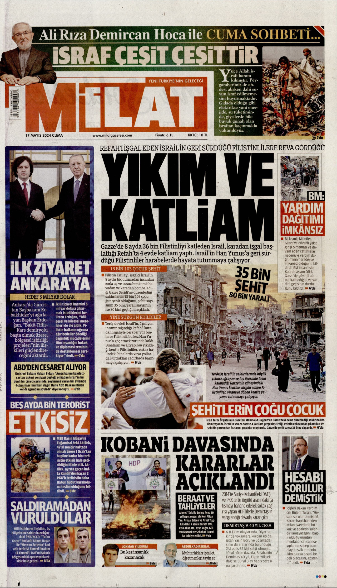 MİLAT gazetesinin 17 Mayıs 2024 tarihli birinci sayfası