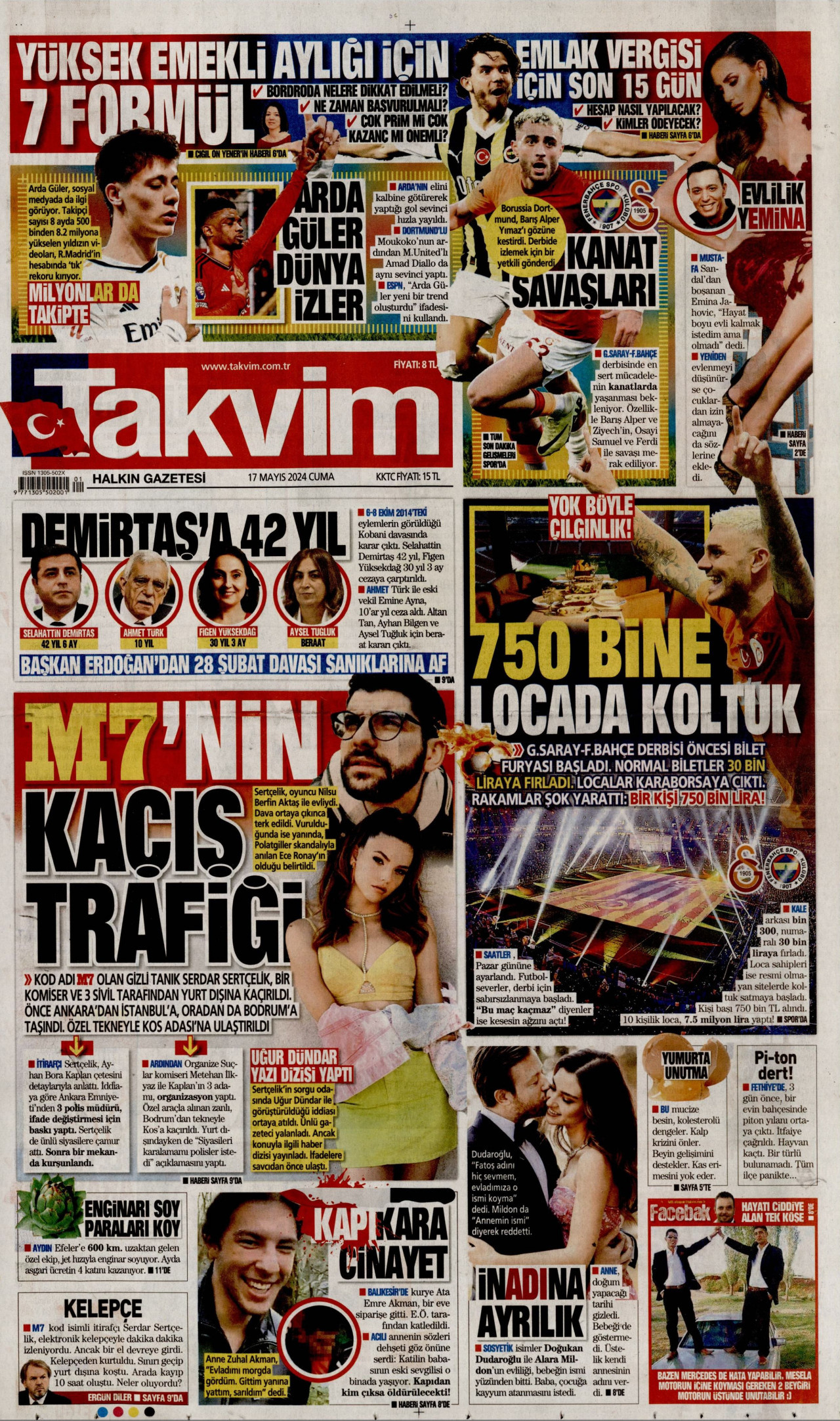 TAKVİM gazetesinin 17 Mayıs 2024 tarihli birinci sayfası