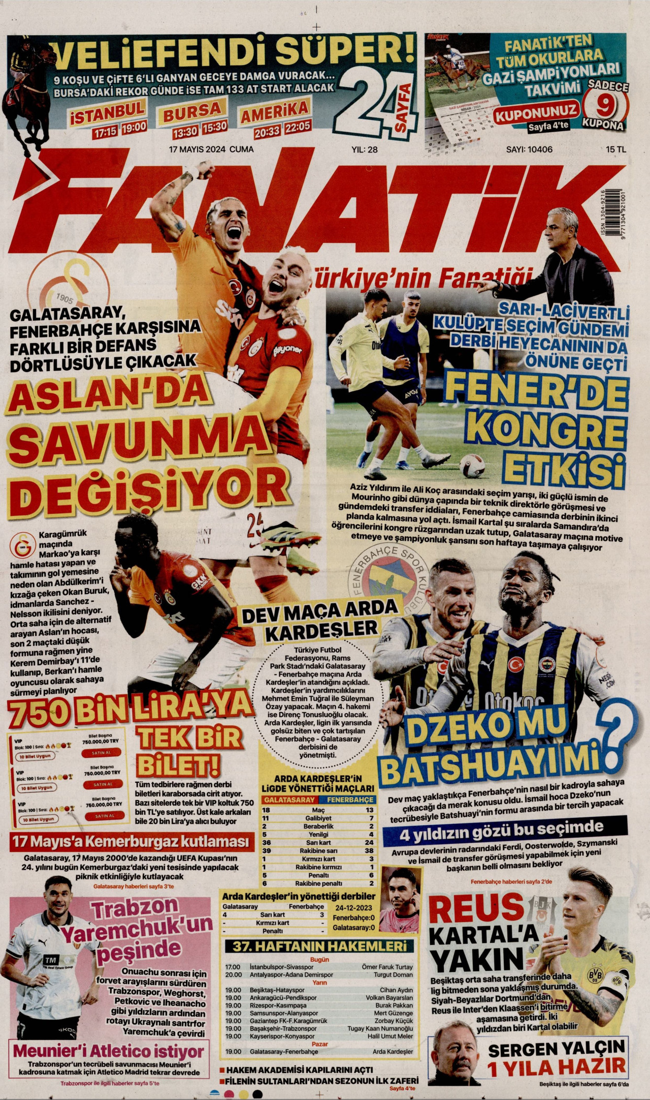 FANATİK gazetesinin 17 Mayıs 2024 tarihli birinci sayfası