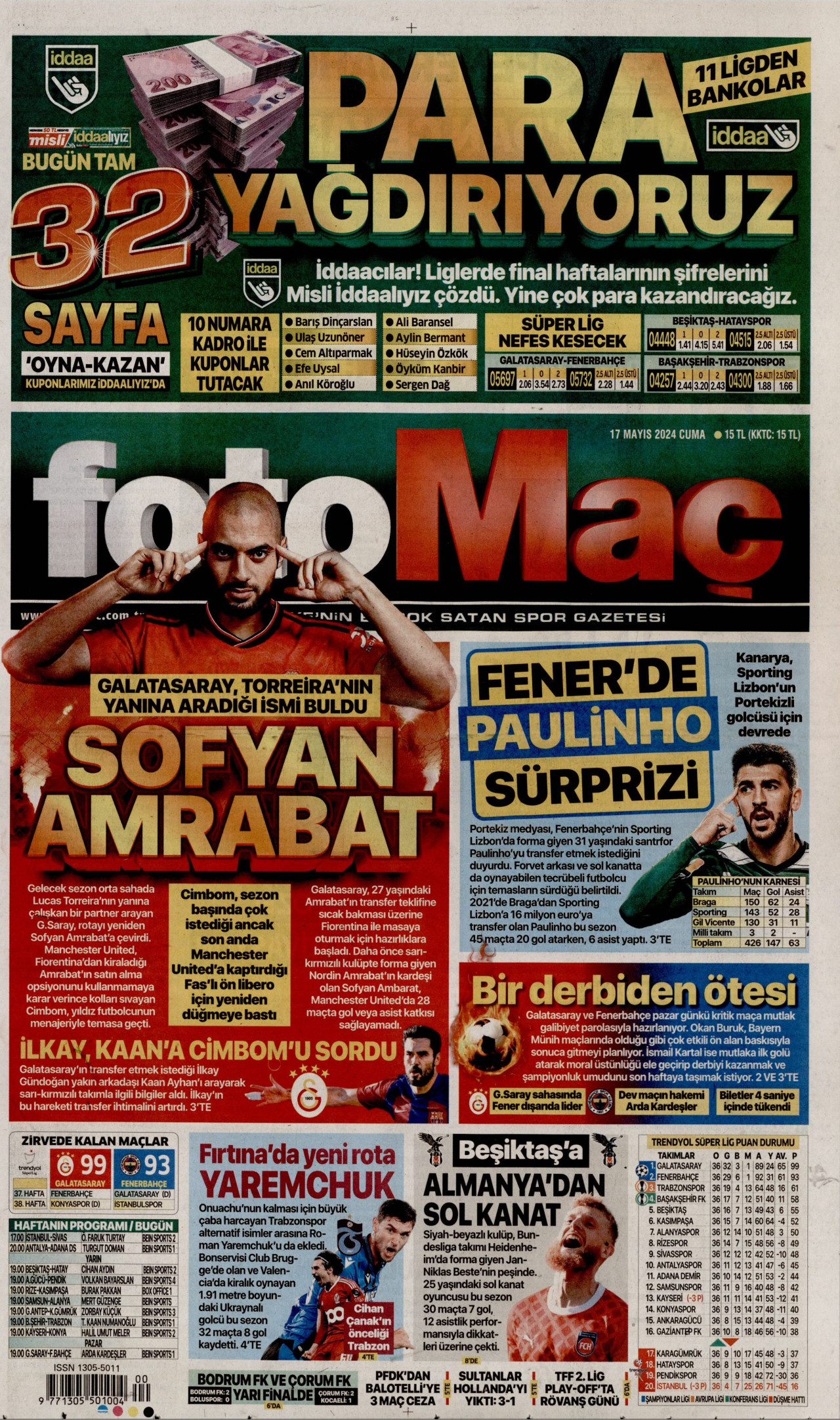 FOTOMAÇ gazetesinin 17 Mayıs 2024 tarihli birinci sayfası