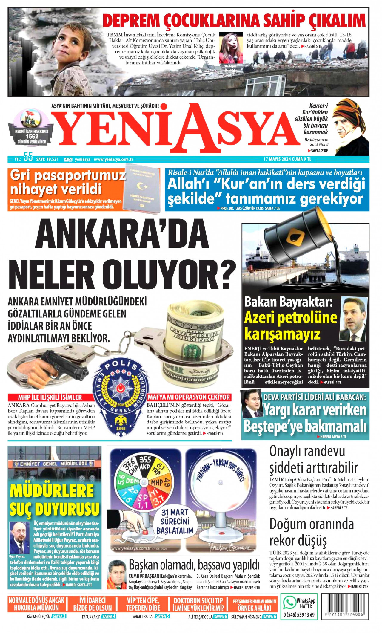 YENİ ASYA gazetesinin 17 Mayıs 2024 tarihli birinci sayfası