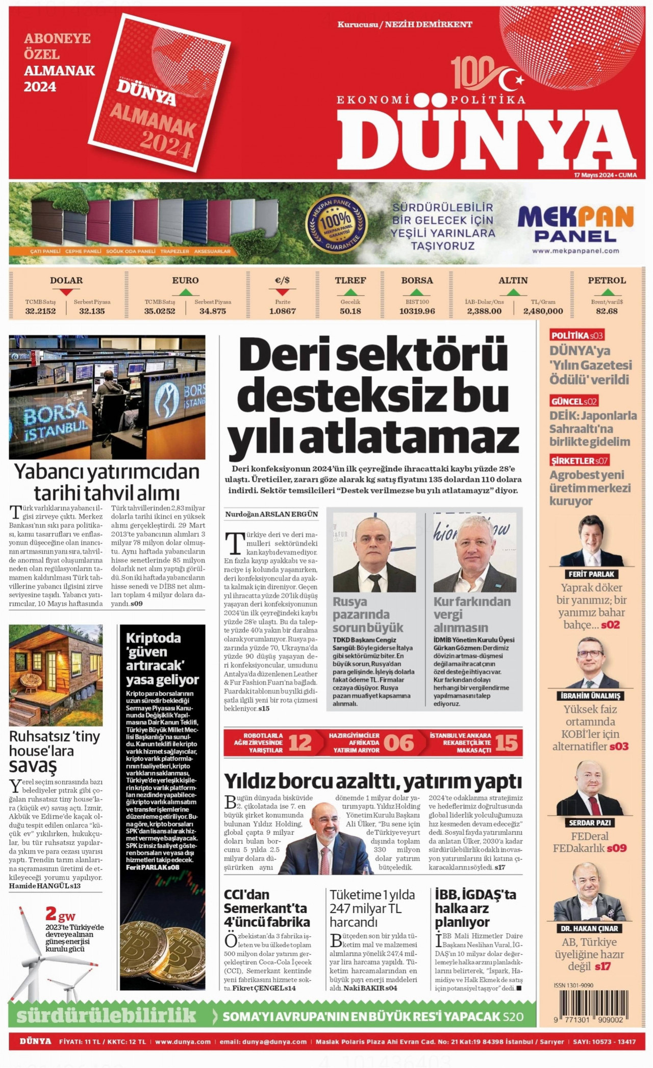 DÜNYA gazetesinin 17 Mayıs 2024 tarihli birinci sayfası