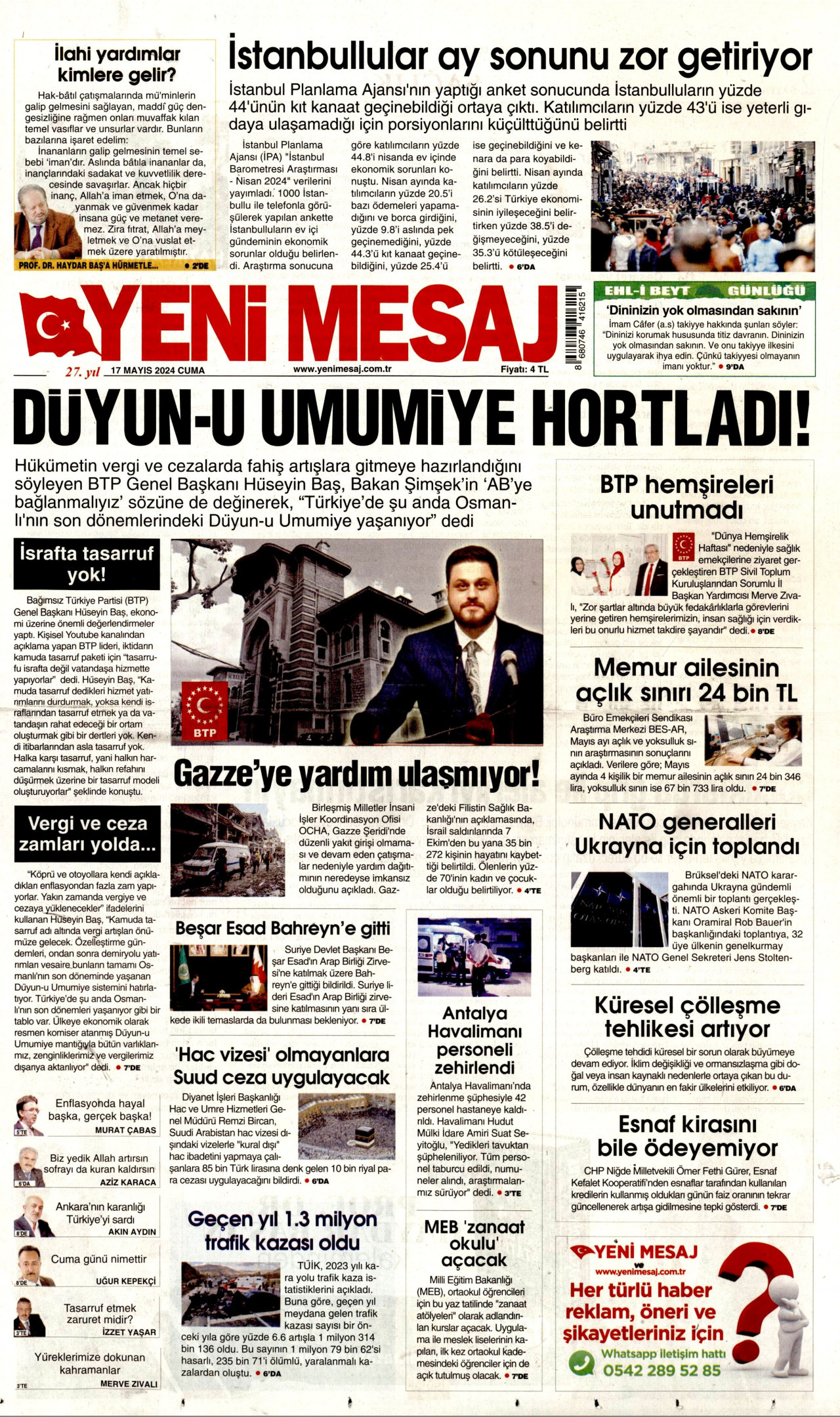 YENİ MESAJ gazetesinin 17 Mayıs 2024 tarihli birinci sayfası