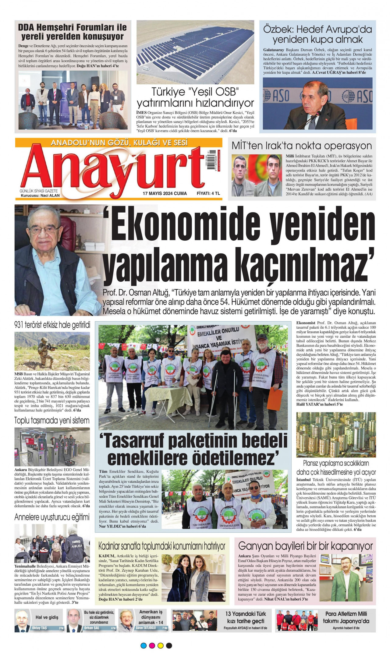ANAYURT gazetesinin 17 Mayıs 2024 tarihli birinci sayfası