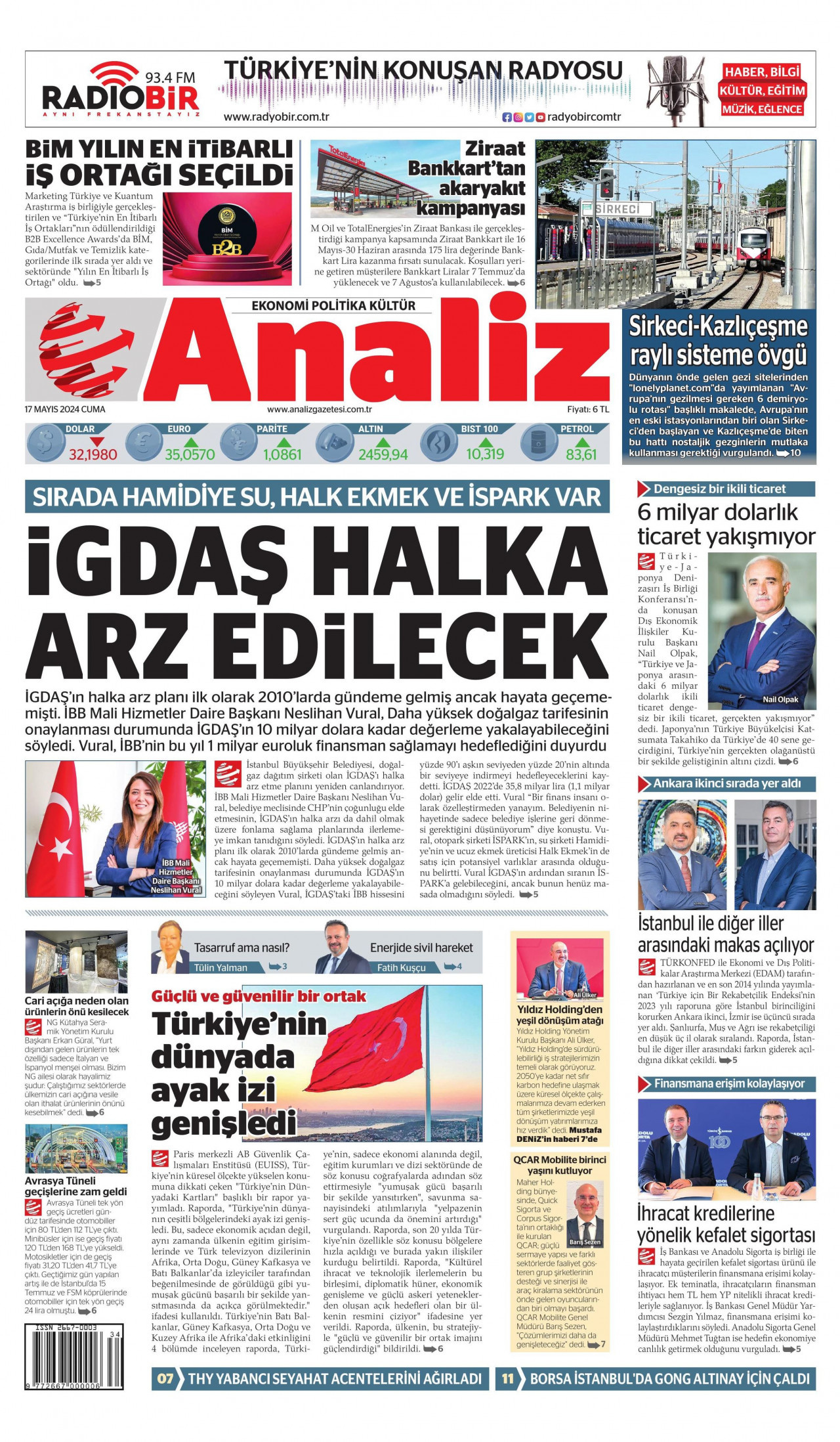 ANALİZ gazetesinin 17 Mayıs 2024 tarihli birinci sayfası