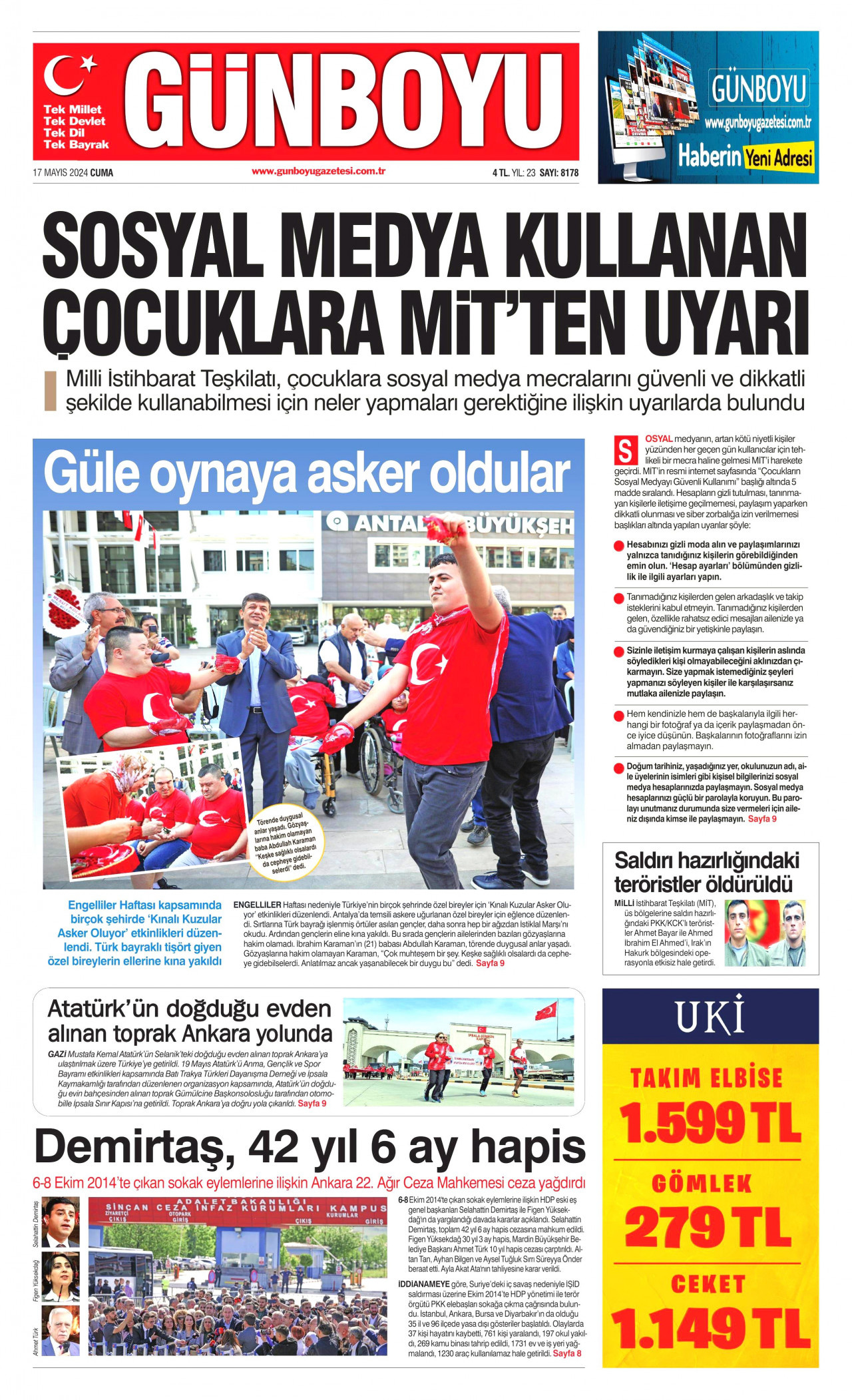 GÜNBOYU gazetesinin 17 Mayıs 2024 tarihli birinci sayfası