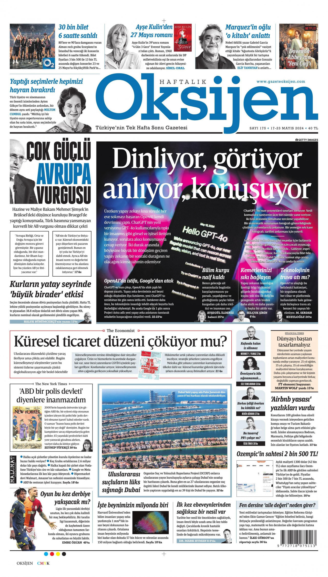 OKSİJEN gazetesinin 17 Mayıs 2024 tarihli birinci sayfası