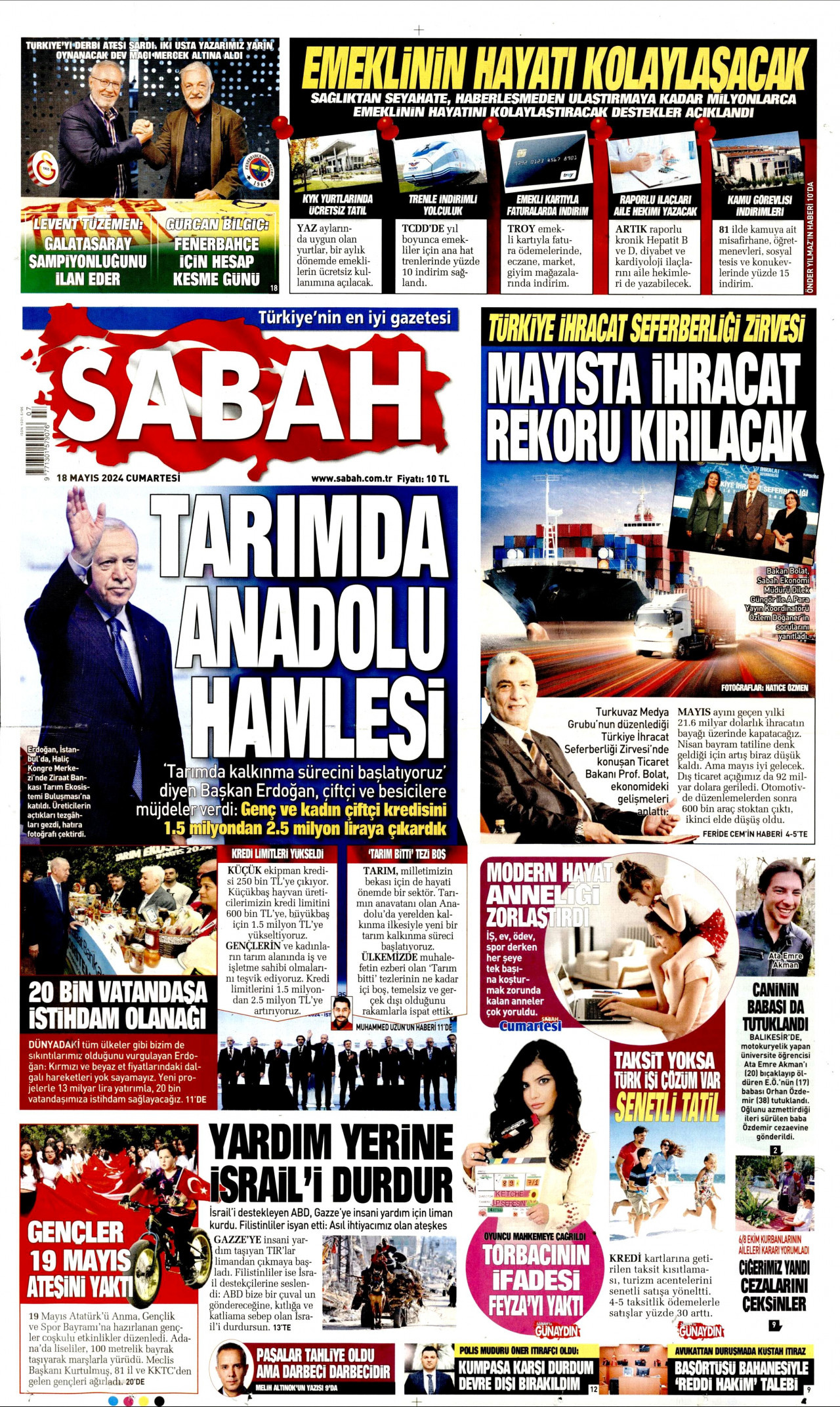 SABAH gazetesinin 18 Mayıs 2024 tarihli birinci sayfası