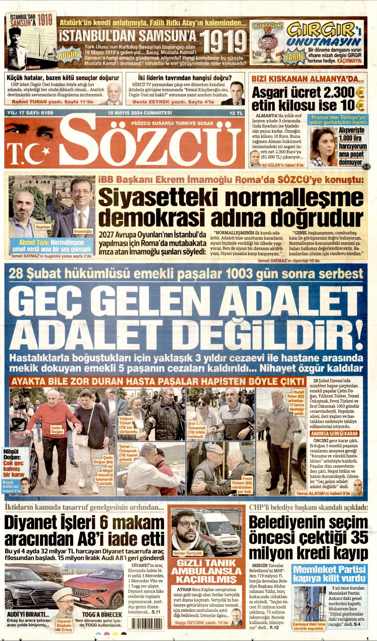 SÖZCÜ gazetesinin 18 Mayıs 2024 tarihli birinci sayfası