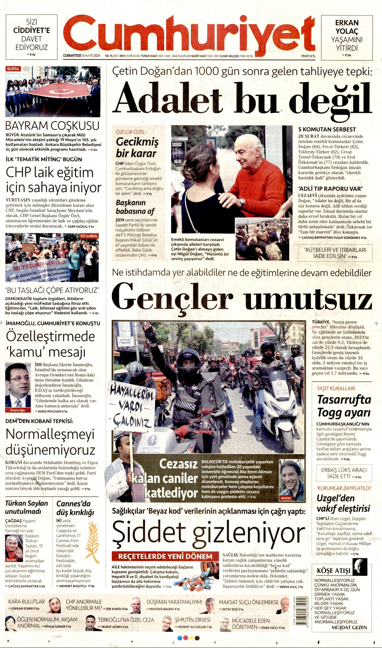 CUMHURİYET gazetesinin 18 Mayıs 2024 tarihli birinci sayfası