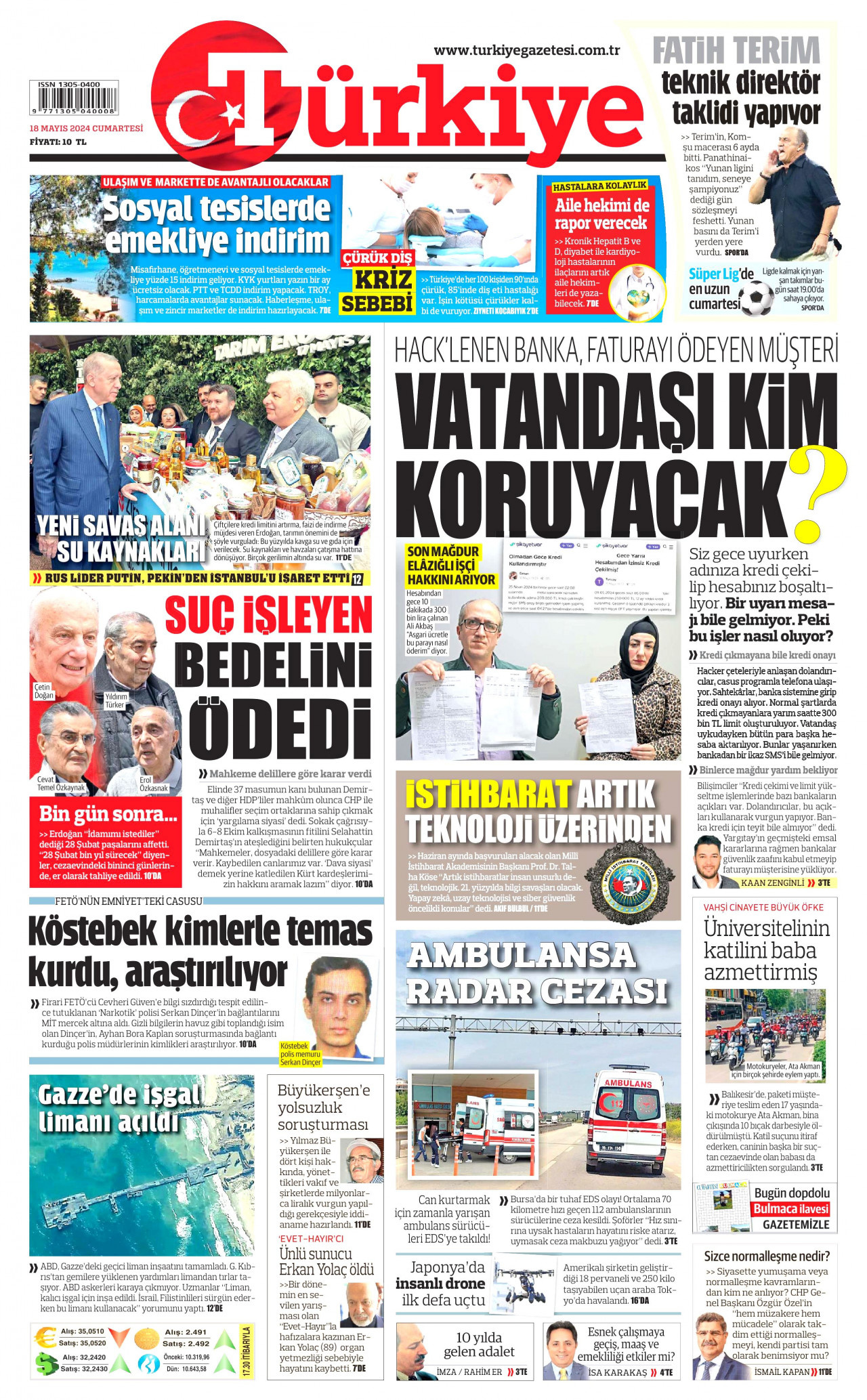 TÜRKİYE GAZETESİ gazetesinin 18 Mayıs 2024 tarihli birinci sayfası