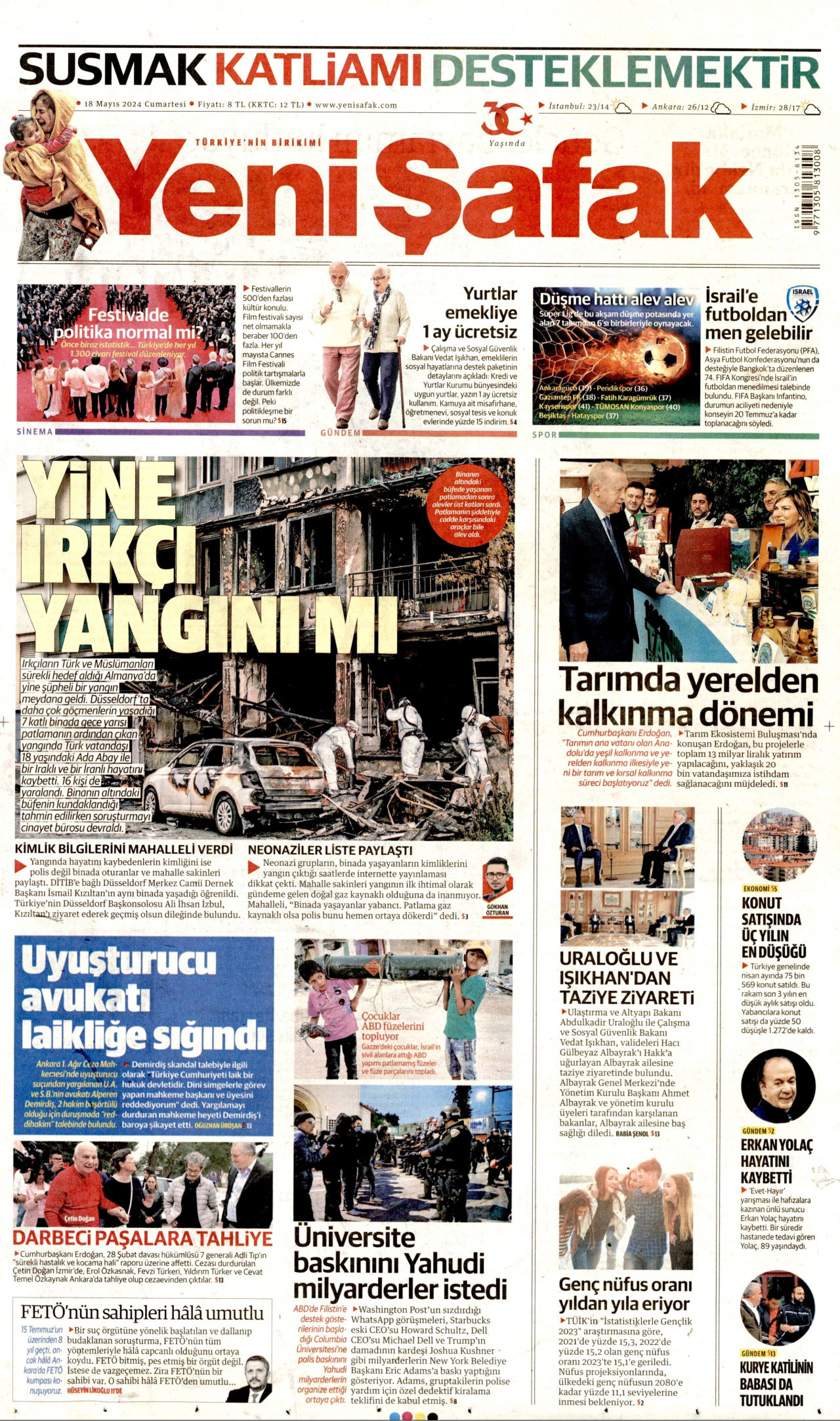 YENİ ŞAFAK gazetesinin 18 Mayıs 2024 tarihli birinci sayfası