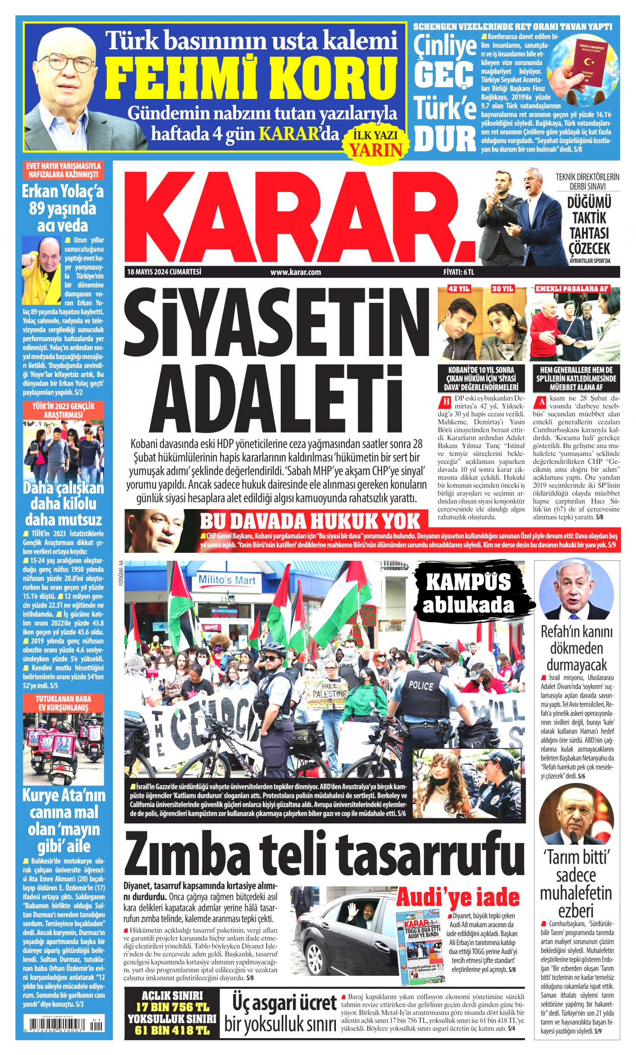 KARAR gazetesinin 18 Mayıs 2024 tarihli birinci sayfası