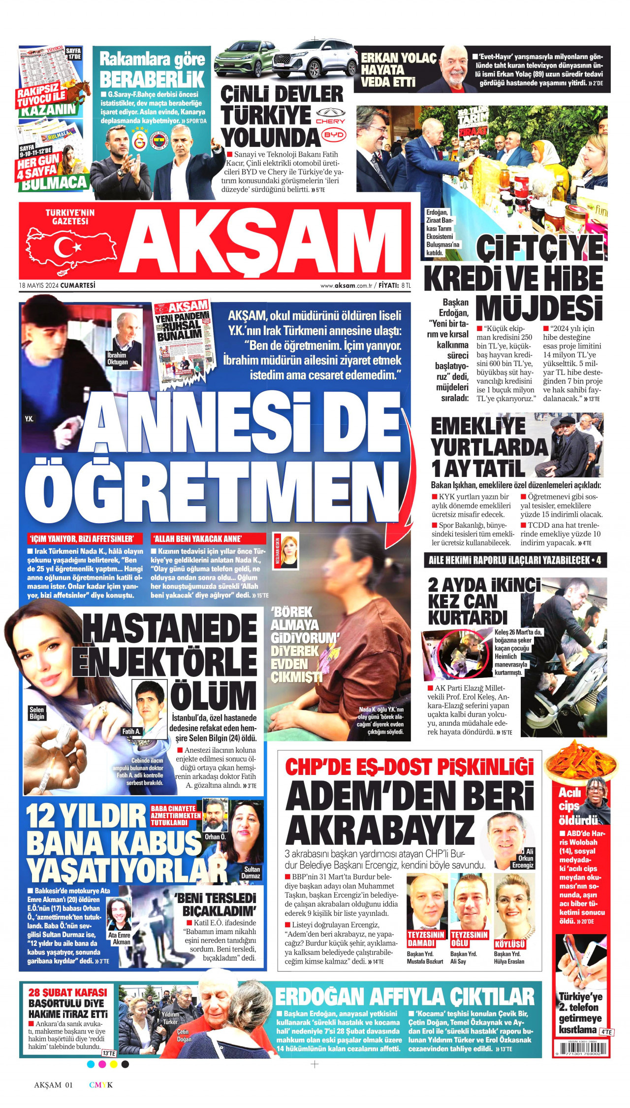 AKŞAM gazetesinin 18 Mayıs 2024 tarihli birinci sayfası