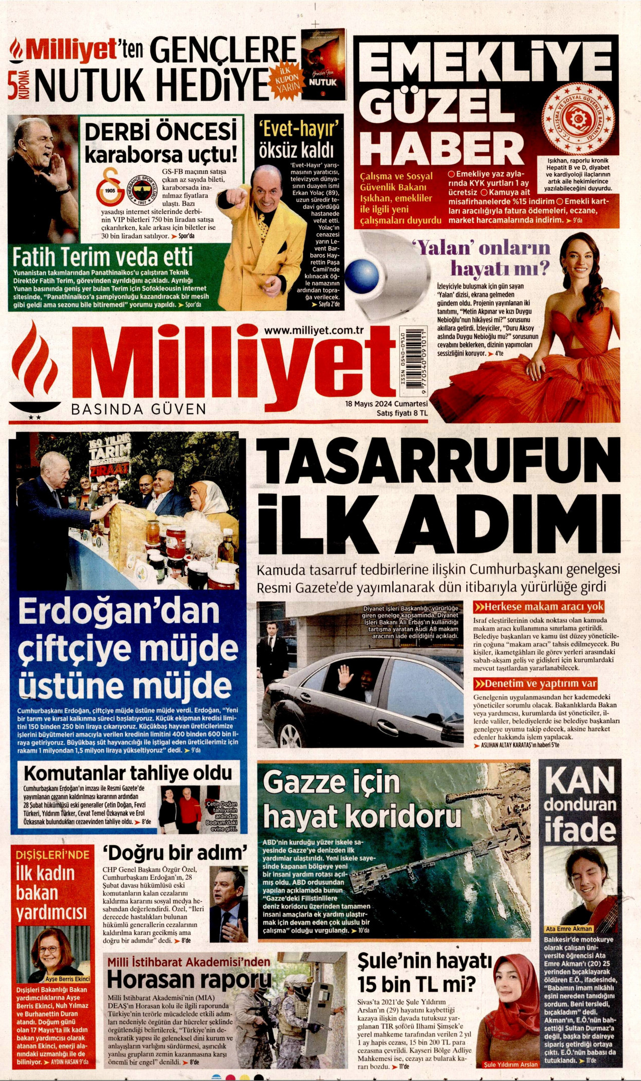 MİLLİYET gazetesinin 18 Mayıs 2024 tarihli birinci sayfası