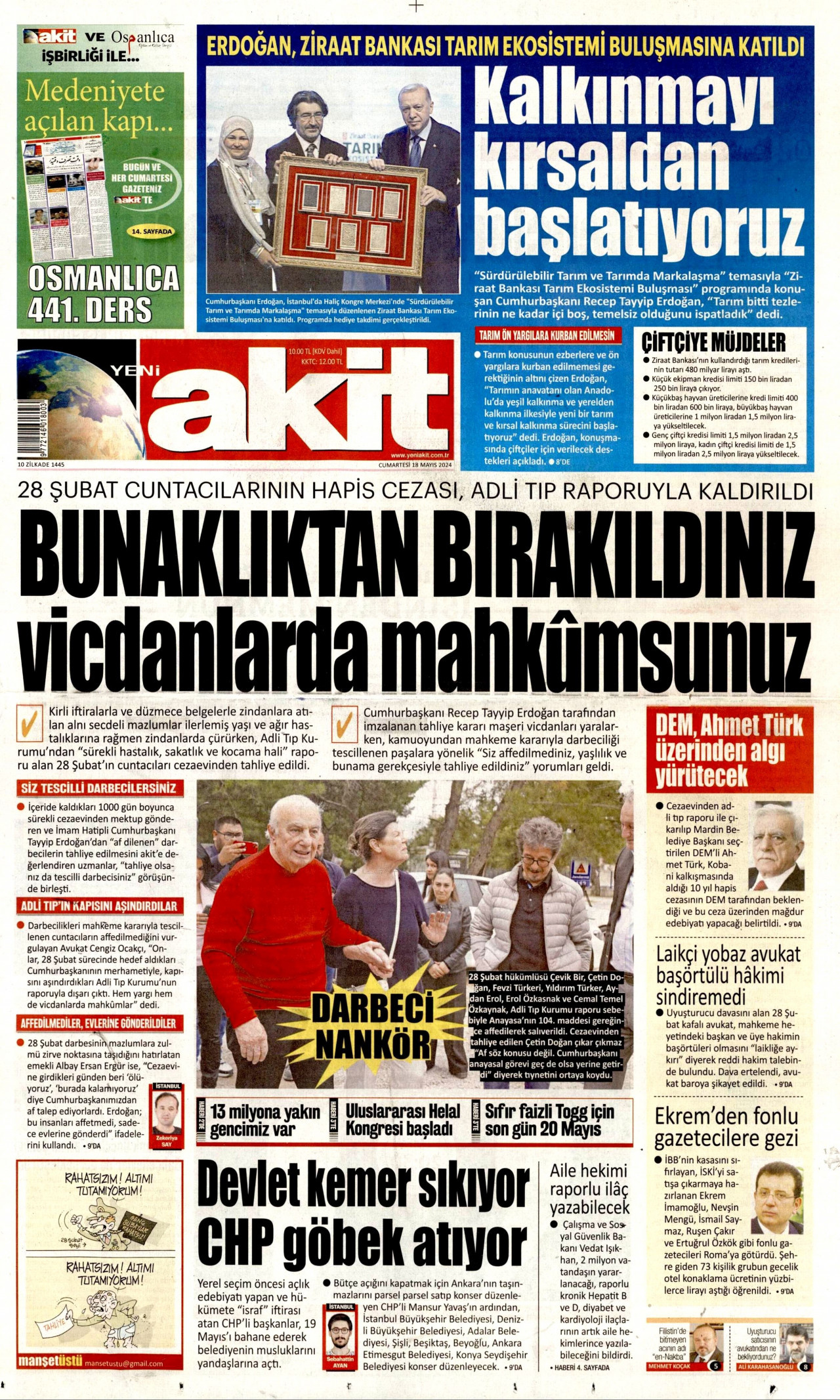 YENİ AKİT gazetesinin 18 Mayıs 2024 tarihli birinci sayfası