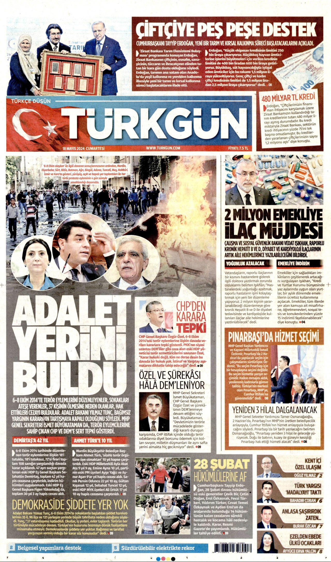 TÜRKGÜN gazetesinin 18 Mayıs 2024 tarihli birinci sayfası