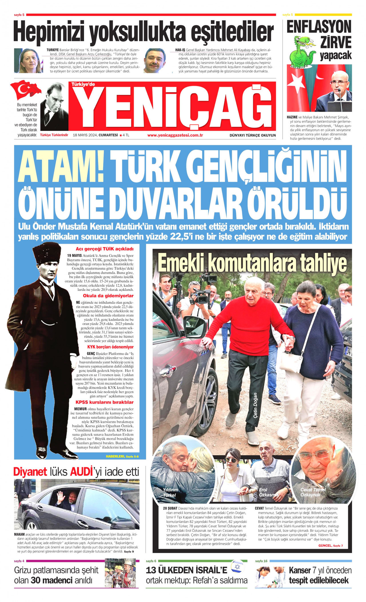 YENİÇAĞ gazetesinin 18 Mayıs 2024 tarihli birinci sayfası