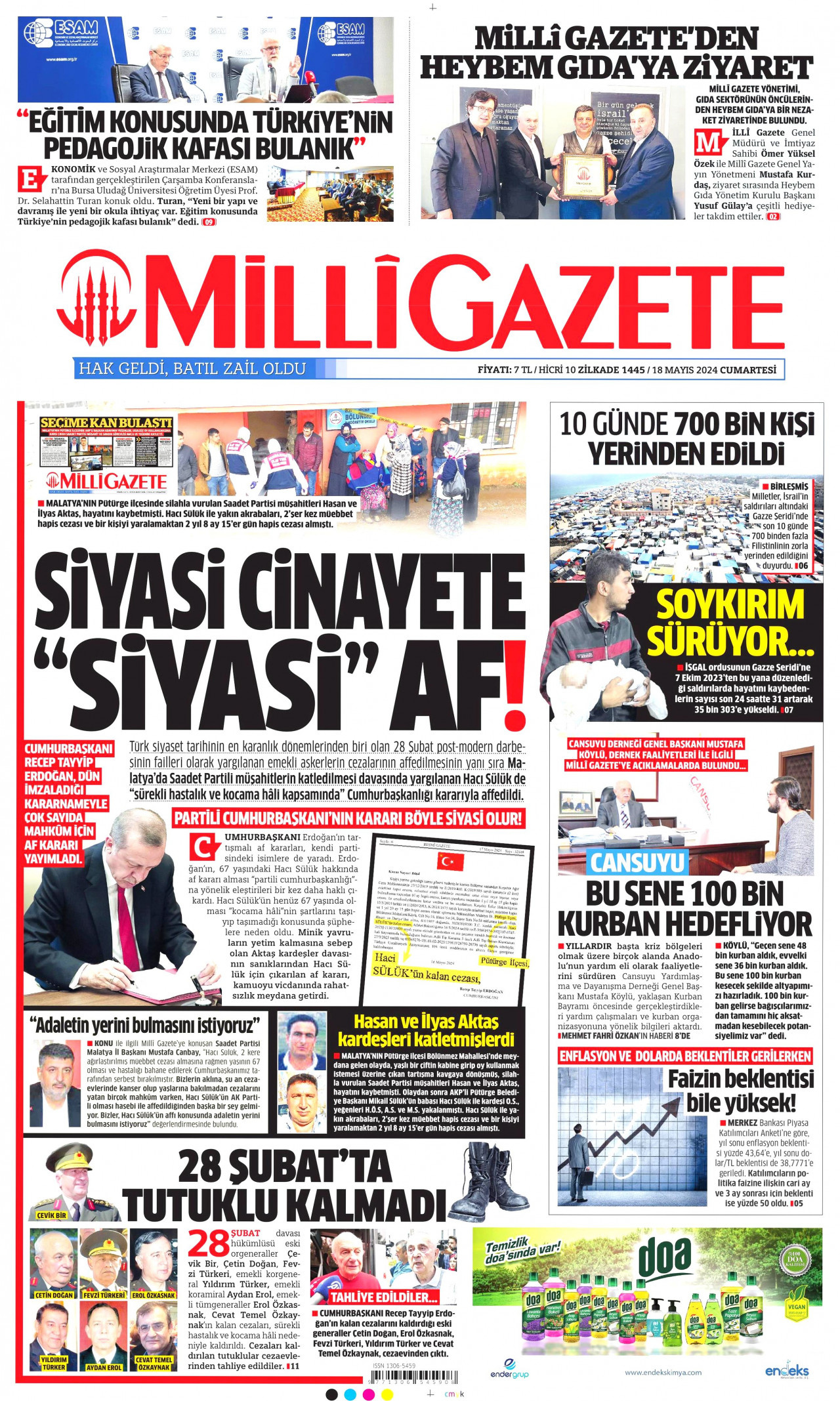 MİLLİ GAZETE gazetesinin 18 Mayıs 2024 tarihli birinci sayfası