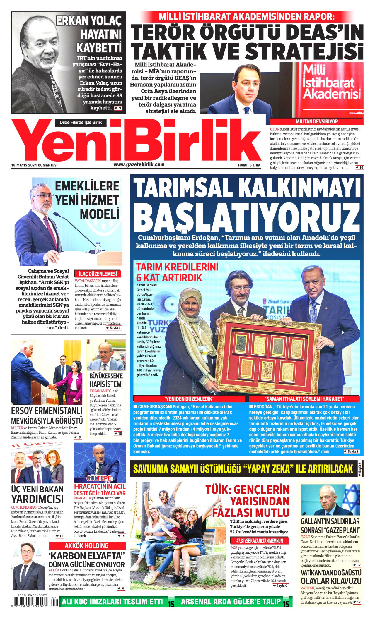 YENİBİRLİK gazetesinin 18 Mayıs 2024 tarihli birinci sayfası