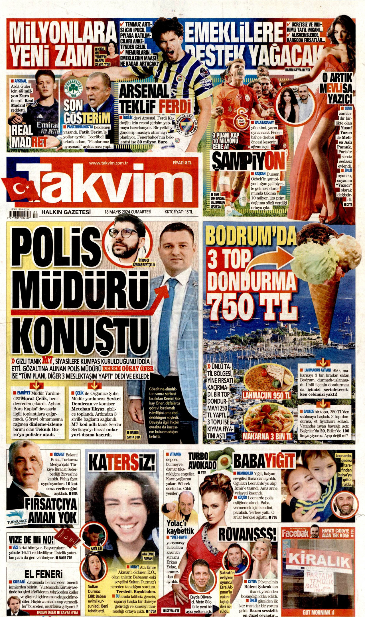 TAKVİM gazetesinin 18 Mayıs 2024 tarihli birinci sayfası