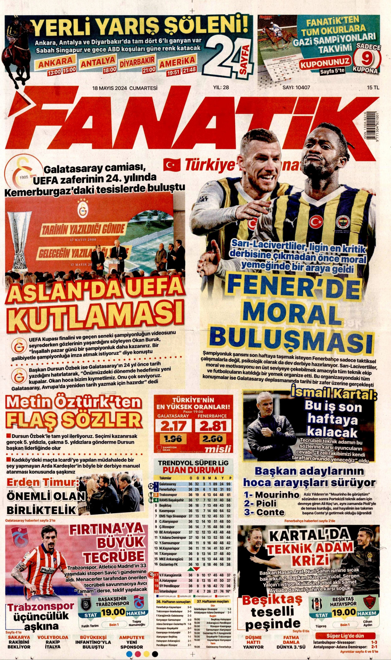 FANATİK gazetesinin 18 Mayıs 2024 tarihli birinci sayfası