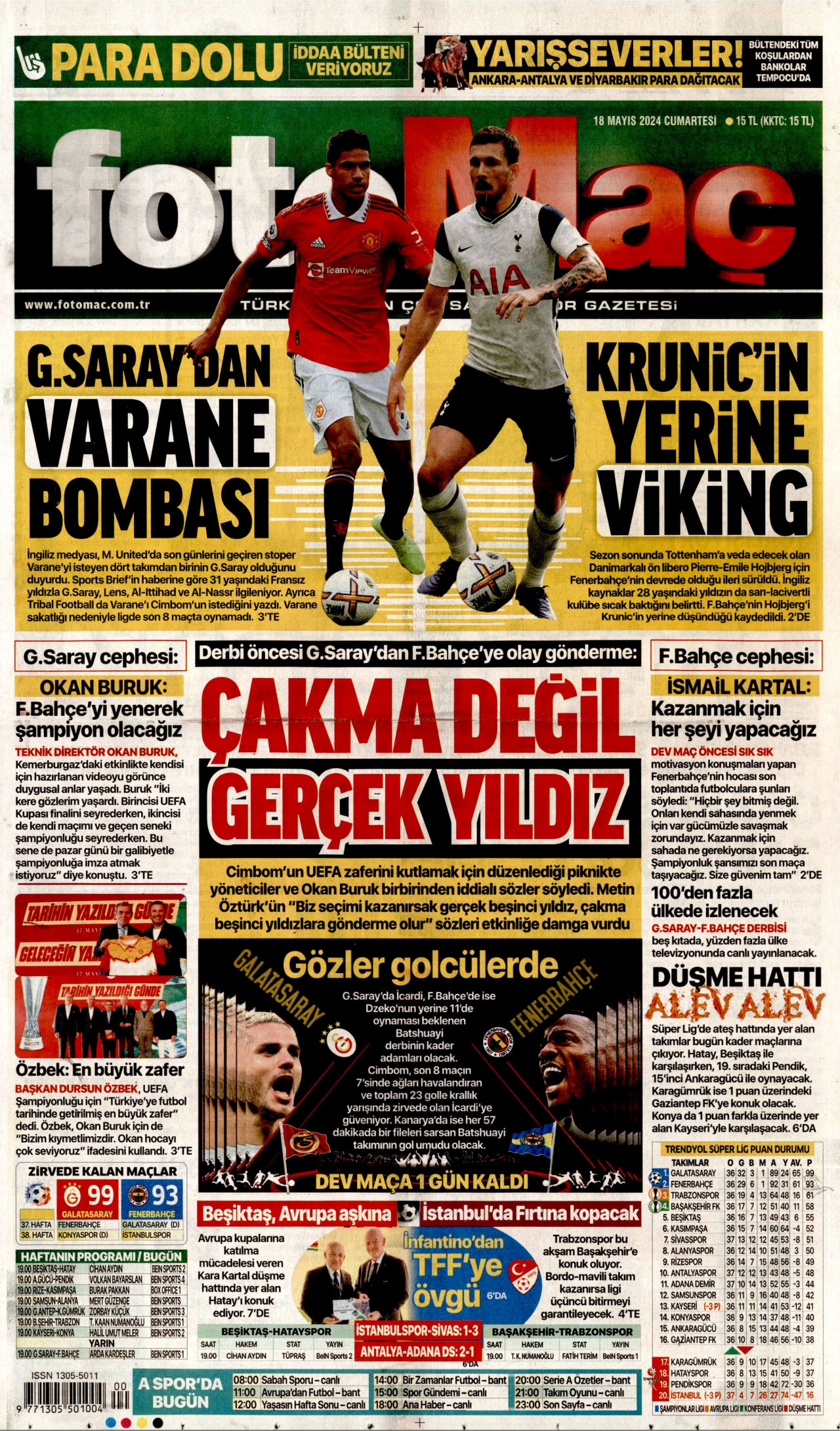 FOTOMAÇ gazetesinin 18 Mayıs 2024 tarihli birinci sayfası