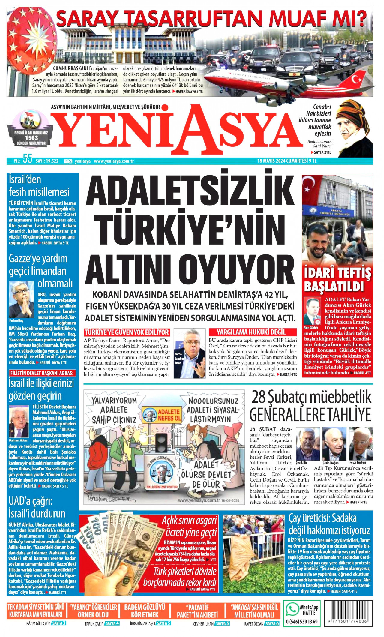 YENİ ASYA gazetesinin 18 Mayıs 2024 tarihli birinci sayfası