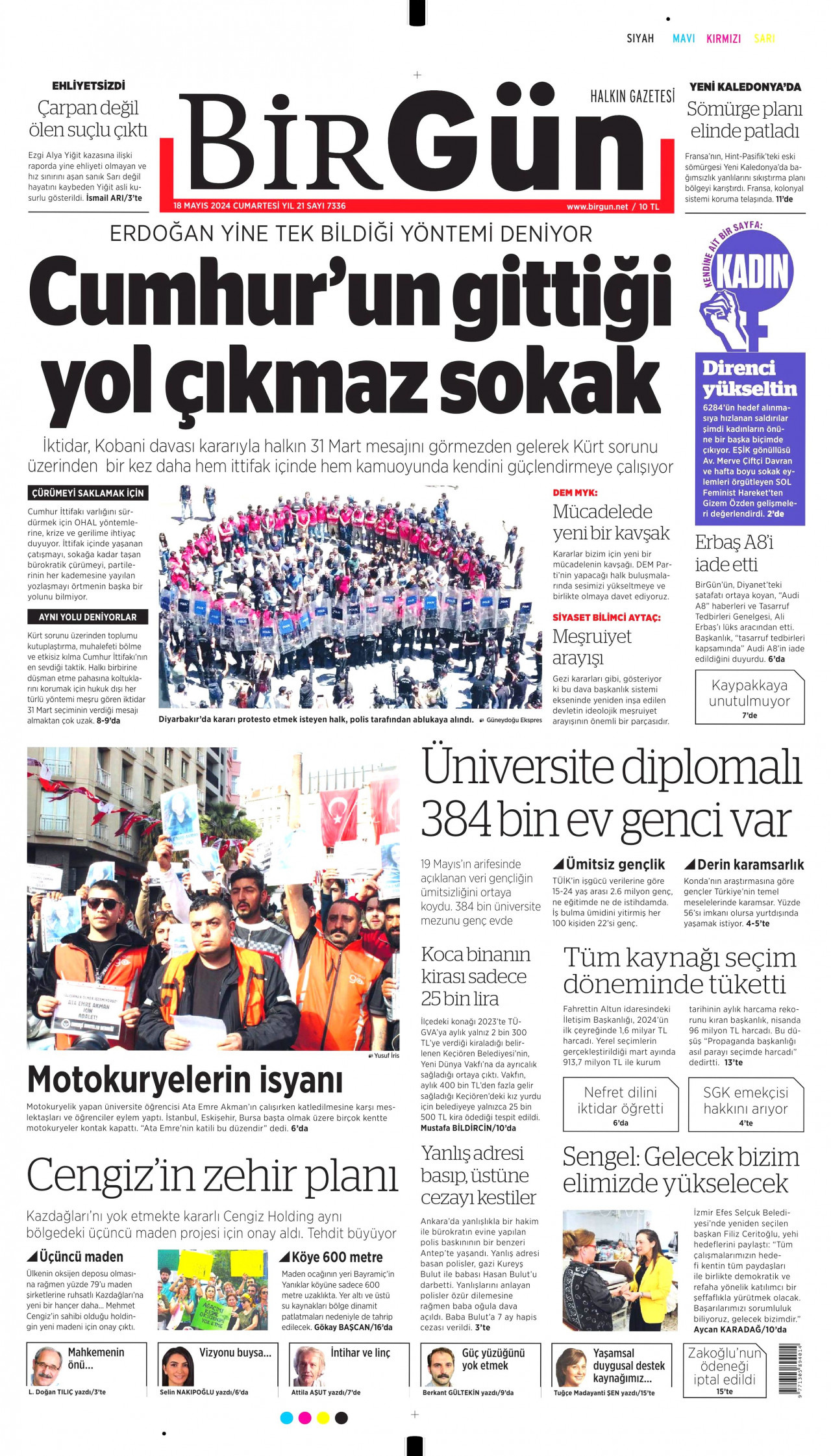 BİRGÜN gazetesinin 18 Mayıs 2024 tarihli birinci sayfası