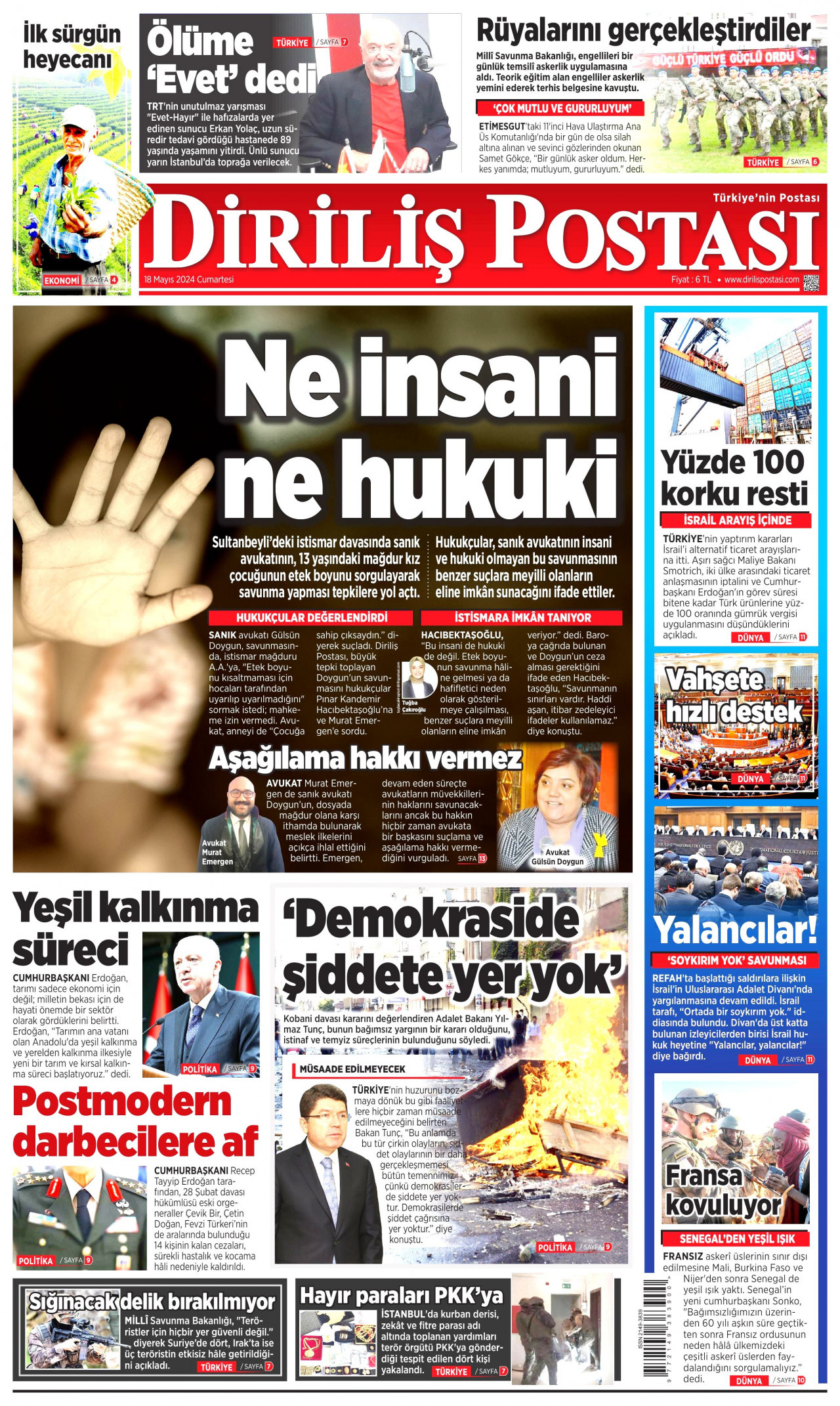DİRİLİŞ POSTASI gazetesinin 18 Mayıs 2024 tarihli birinci sayfası
