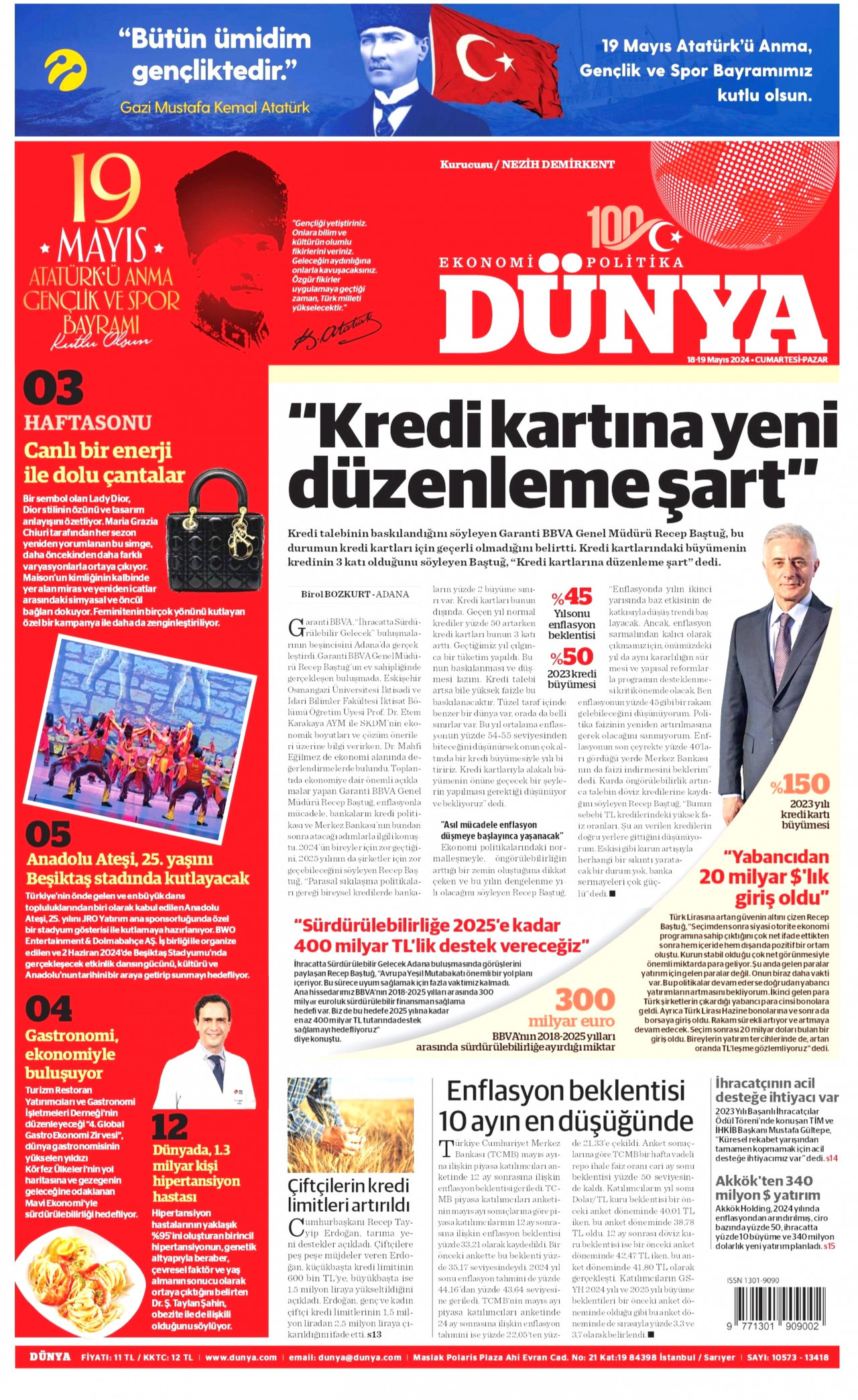 DÜNYA gazetesinin 18 Mayıs 2024 tarihli birinci sayfası