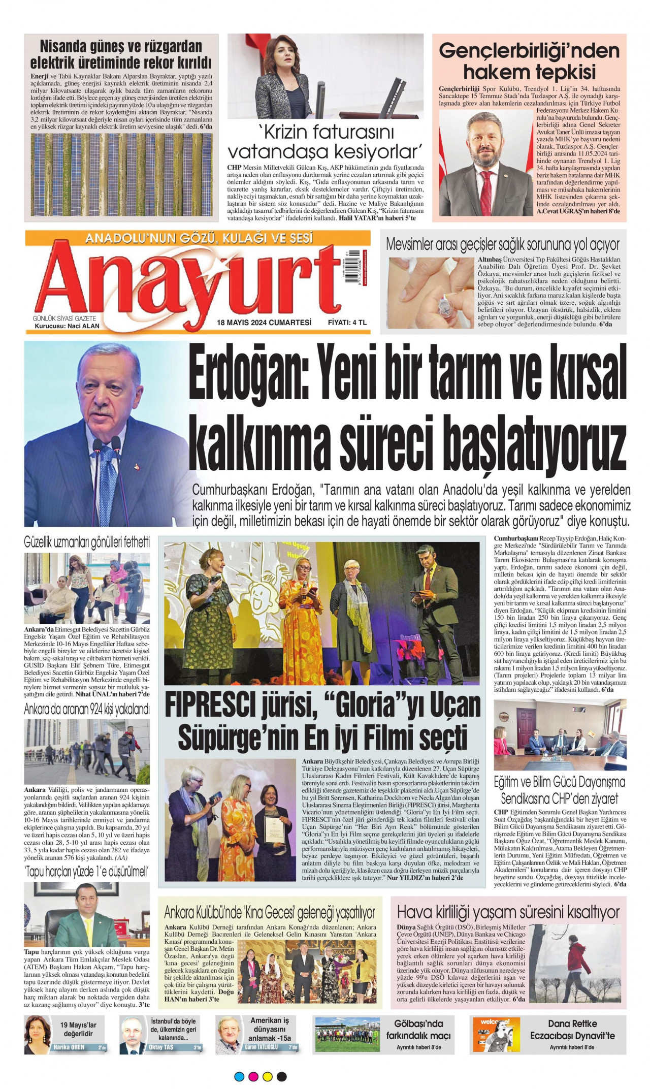 ANAYURT gazetesinin 18 Mayıs 2024 tarihli birinci sayfası
