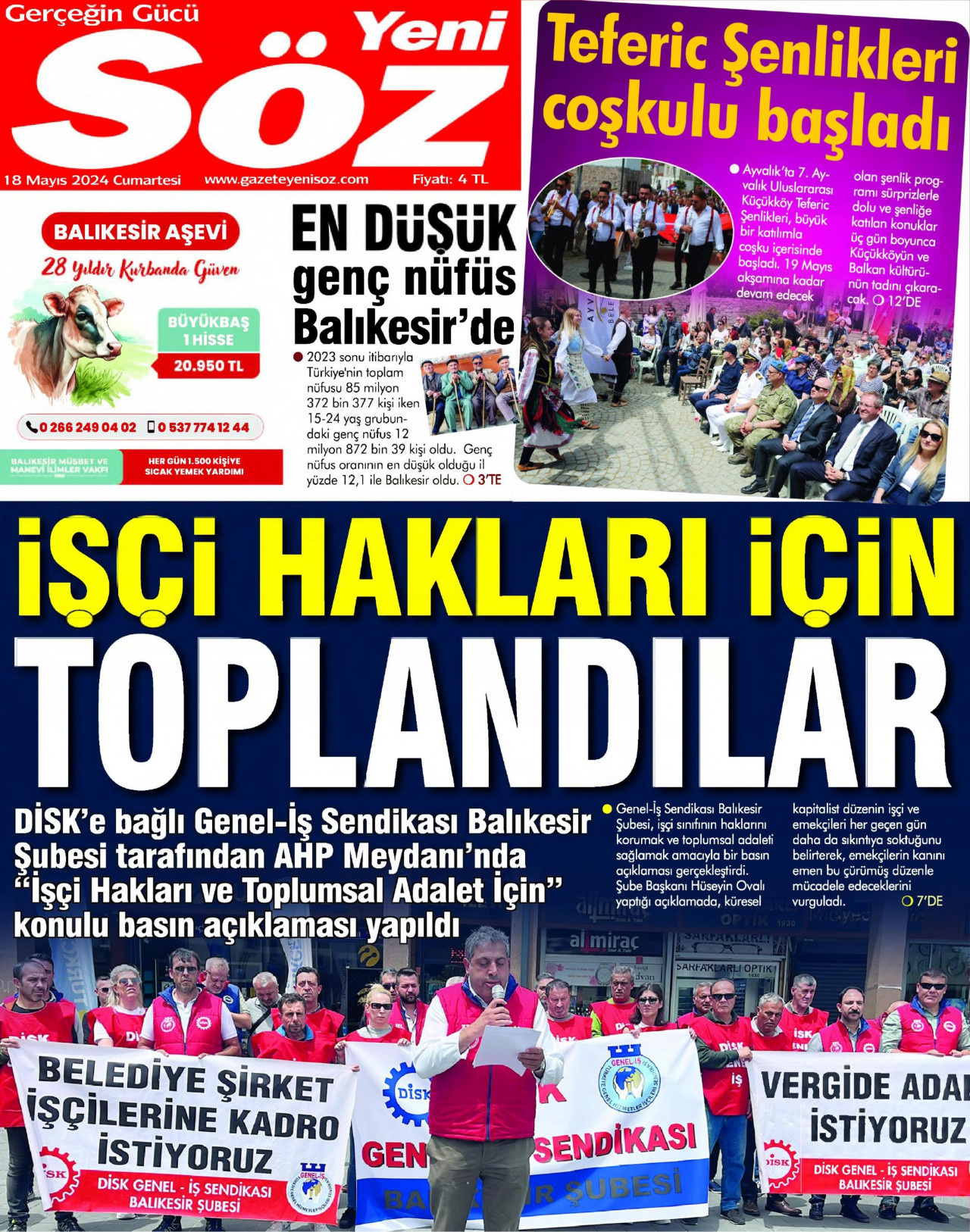 YENİ SÖZ GAZETESİ gazetesinin 18 Mayıs 2024 tarihli birinci sayfası