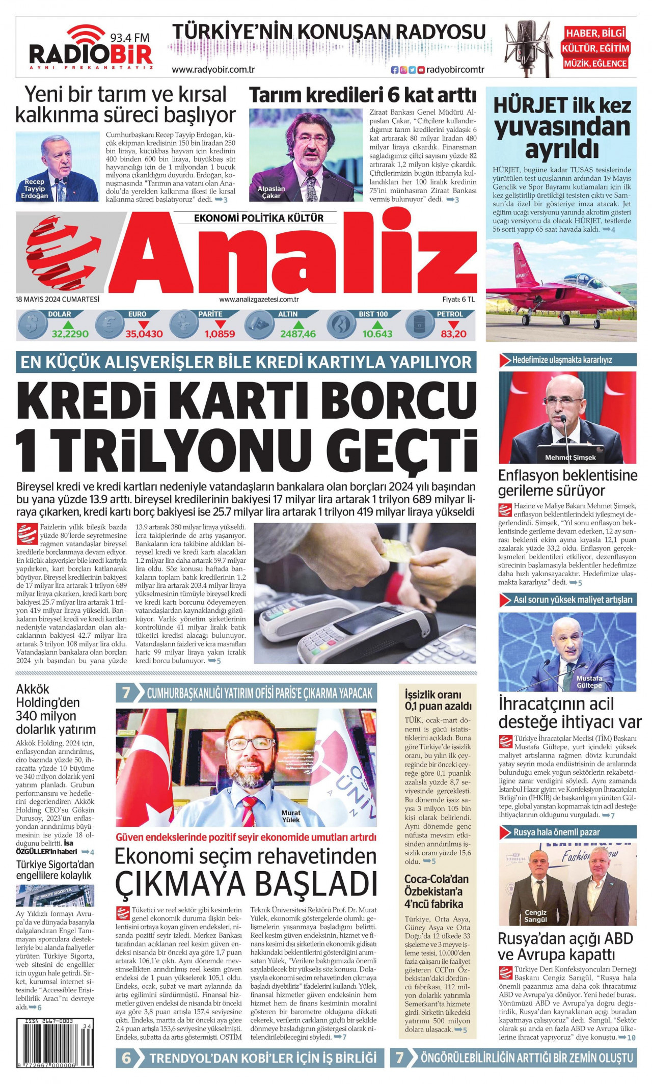 ANALİZ gazetesinin 18 Mayıs 2024 tarihli birinci sayfası