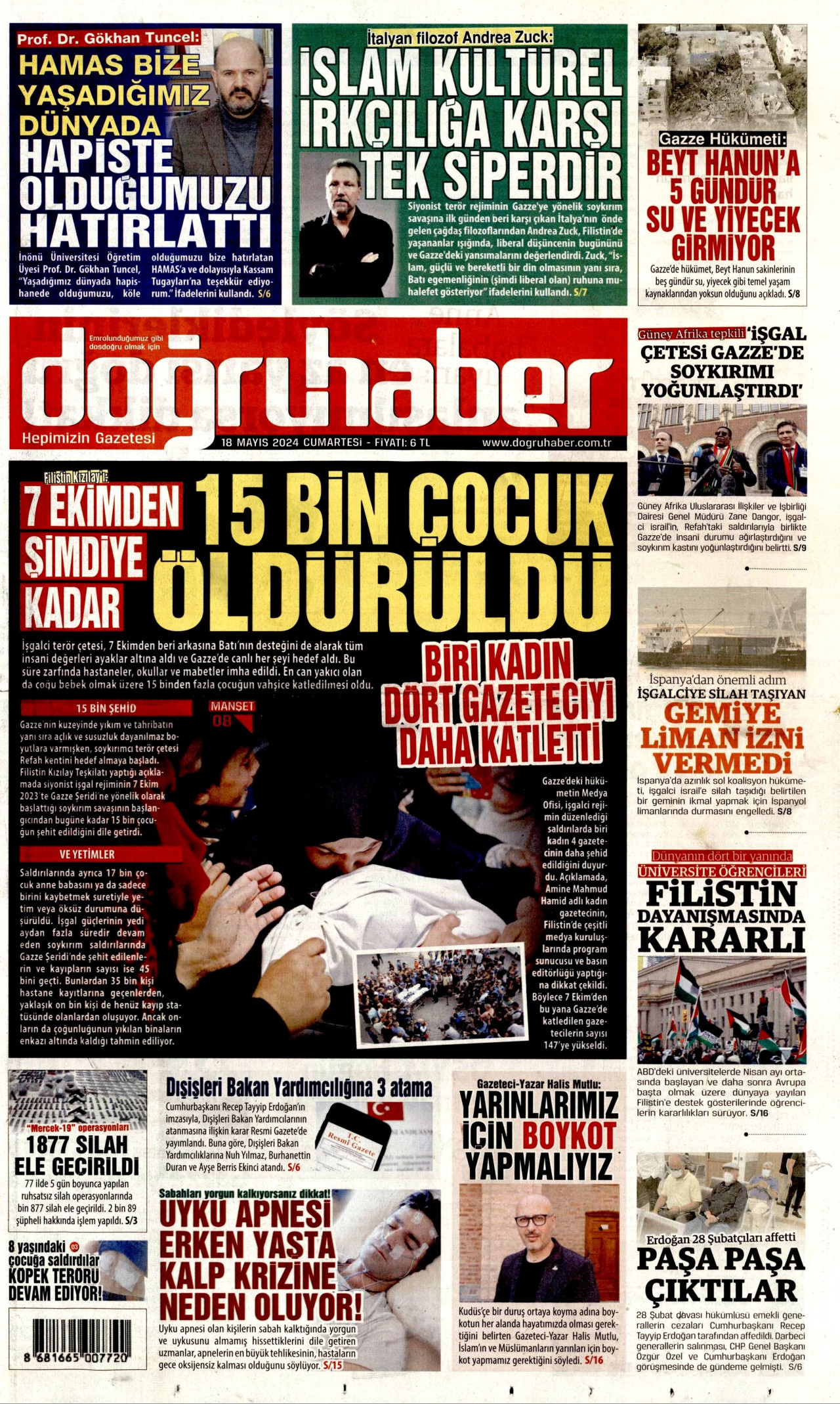 DOĞRU HABER gazetesinin 18 Mayıs 2024 tarihli birinci sayfası