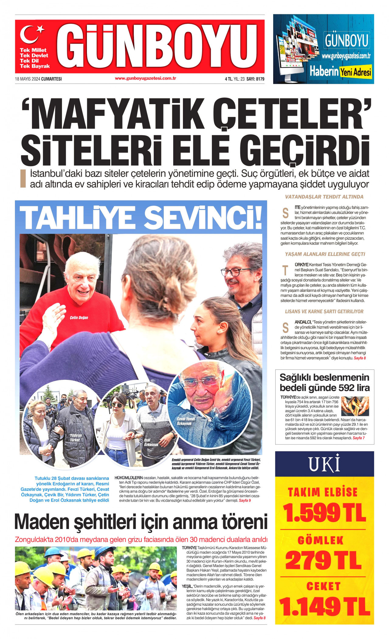 GÜNBOYU gazetesinin 18 Mayıs 2024 tarihli birinci sayfası