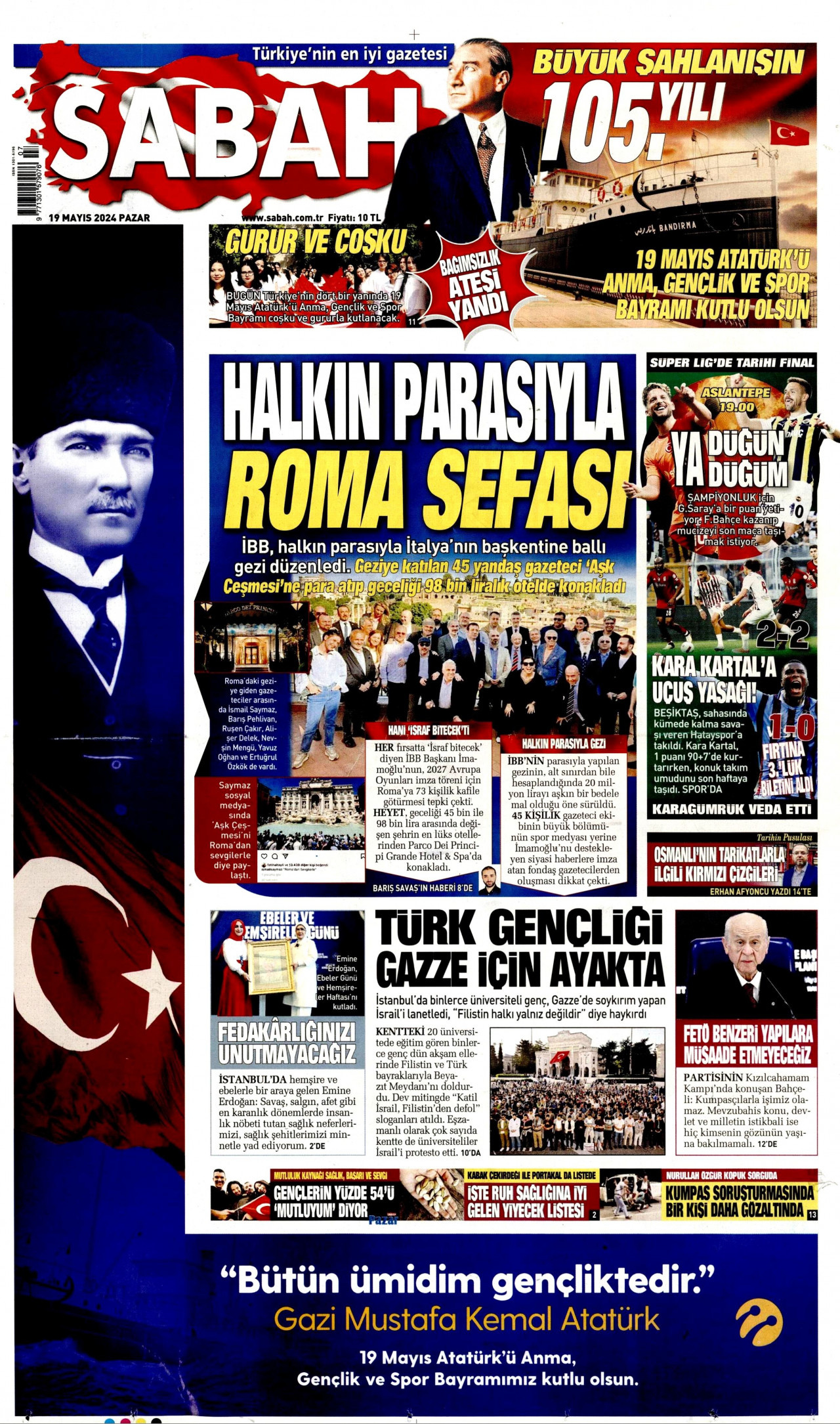 SABAH gazetesinin 19 Mayıs 2024 tarihli birinci sayfası