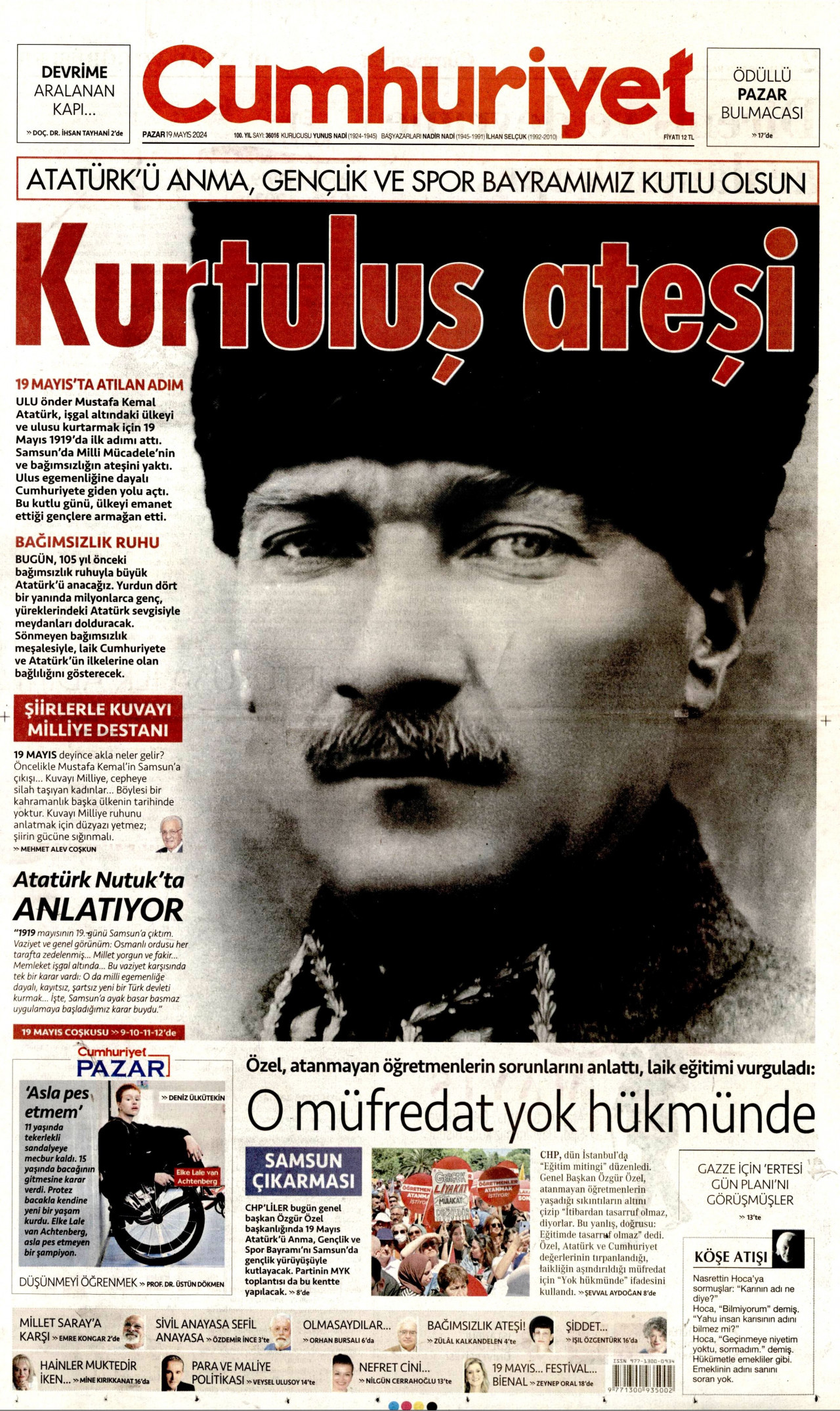 CUMHURİYET gazetesinin 19 Mayıs 2024 tarihli birinci sayfası