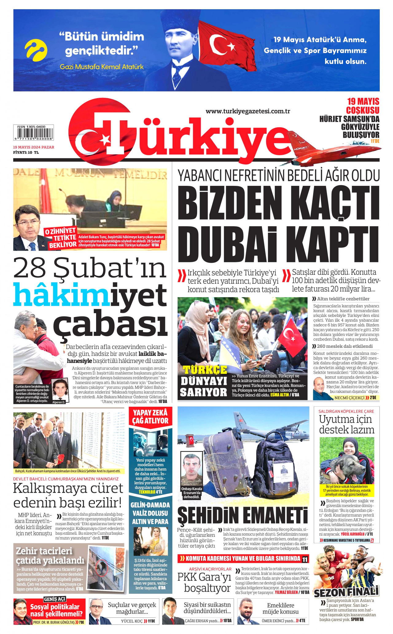 TÜRKİYE GAZETESİ gazetesinin 19 Mayıs 2024 tarihli birinci sayfası