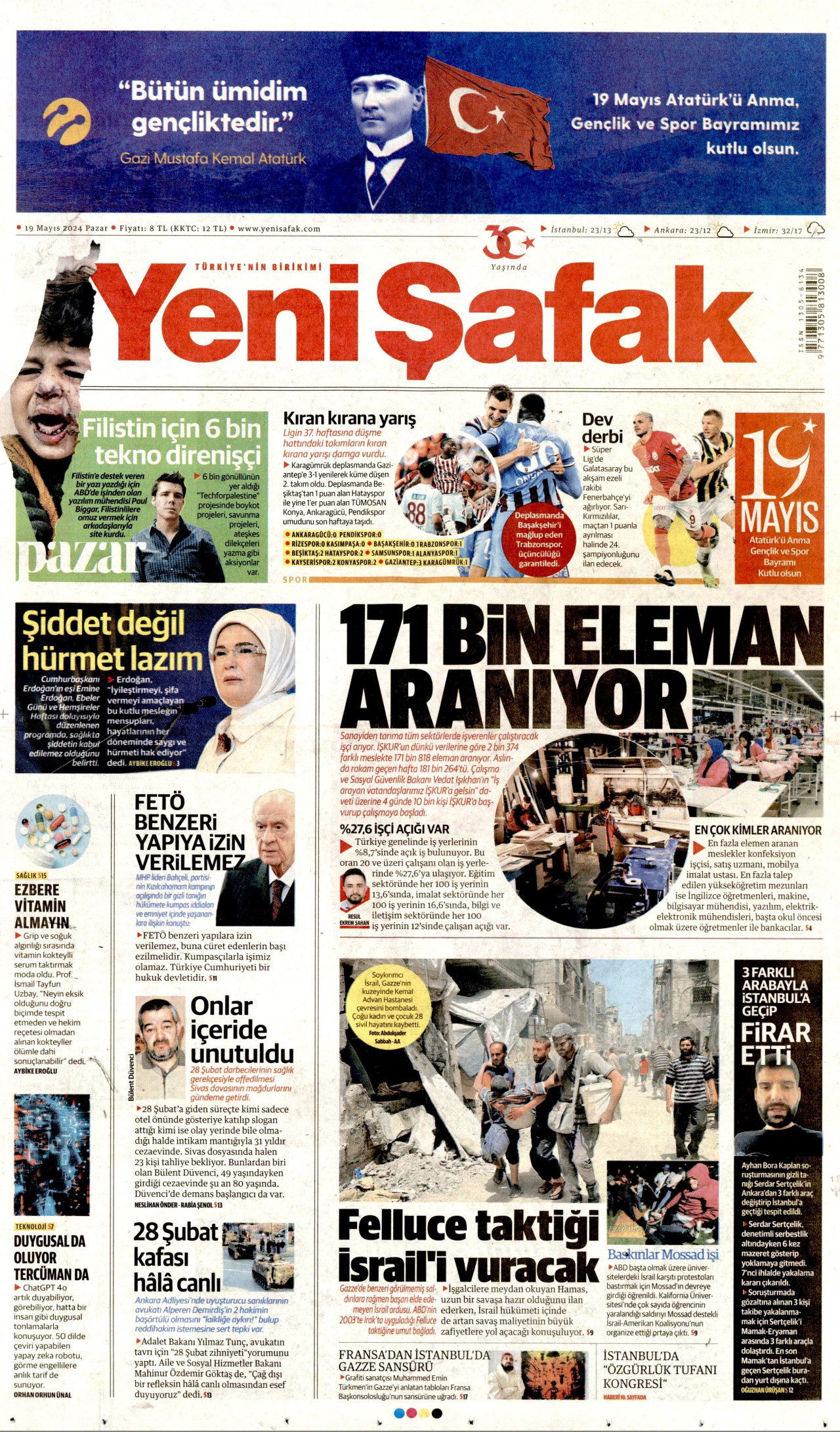 YENİ ŞAFAK gazetesinin 19 Mayıs 2024 tarihli birinci sayfası