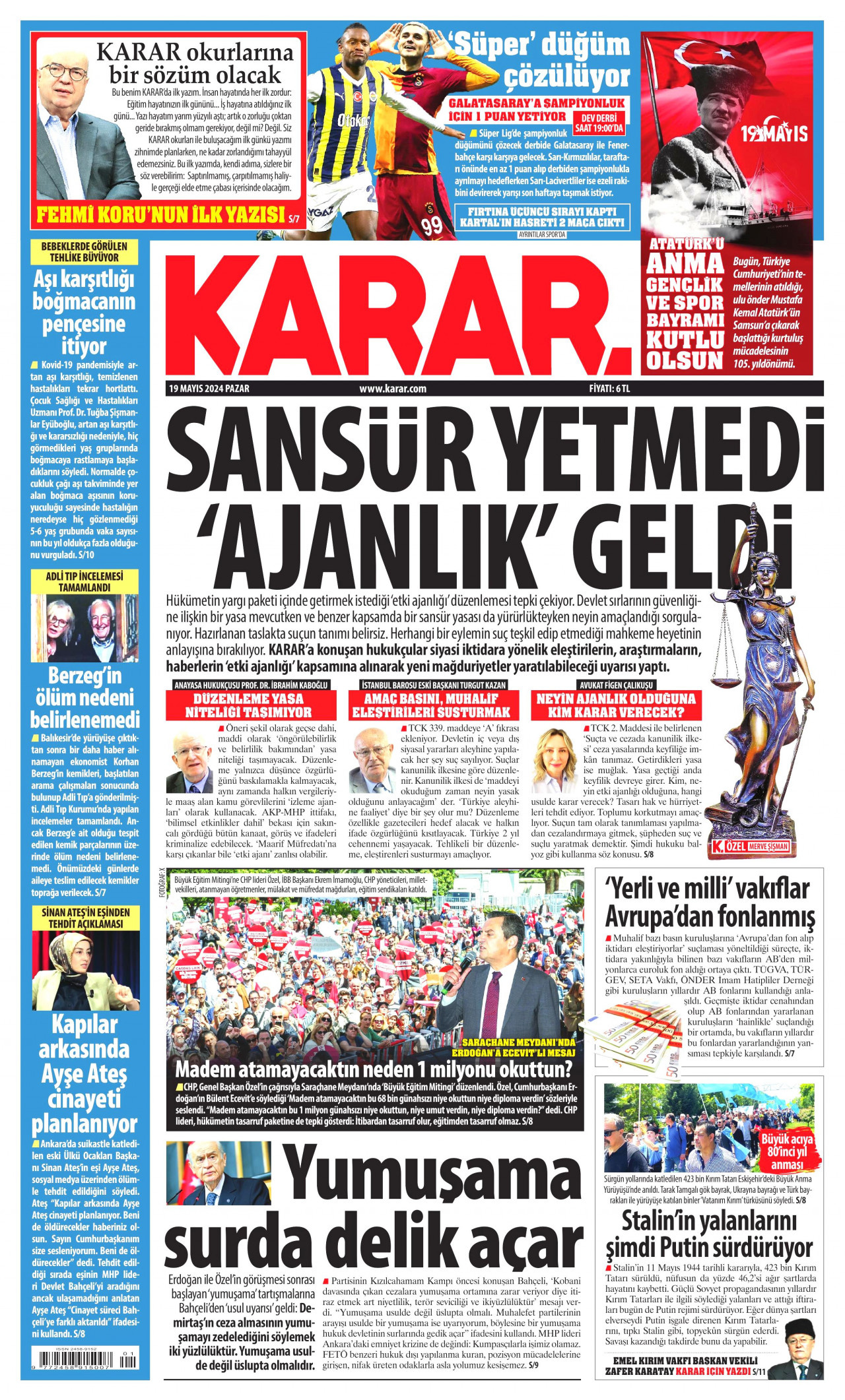 KARAR gazetesinin 19 Mayıs 2024 tarihli birinci sayfası